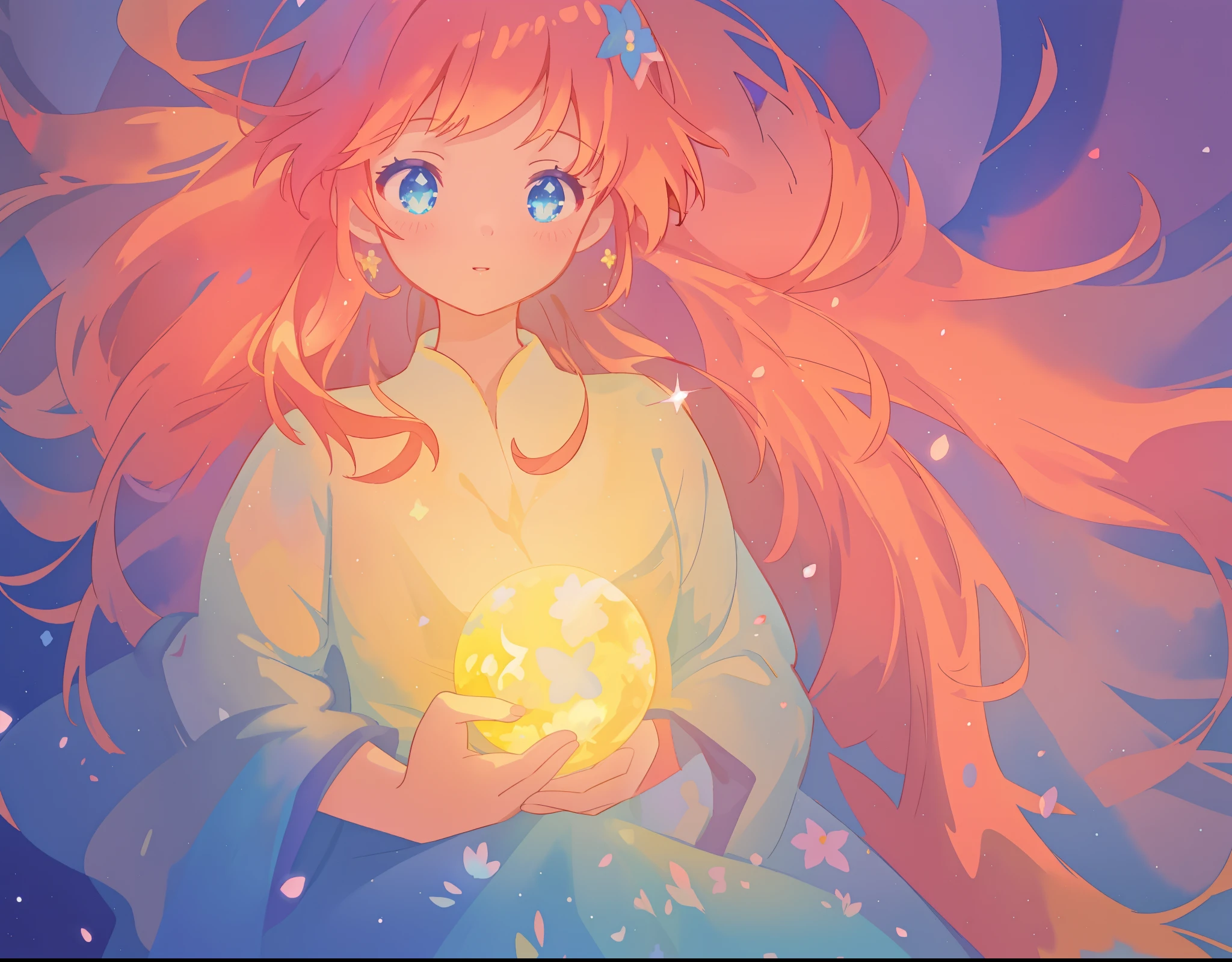 beautiful girl in long flowing dress, long flowing hair, beautiful girl holding a glowing golden ball of light, sparkling blue eyes, colorful fantasia background, watercolor illustration, disney art style, glowing aura around her, glowing lights, beautiful digital illustration, fantasia otherworldly landscape plants flowers, beautiful, masterpiece, best quality, anime disney style