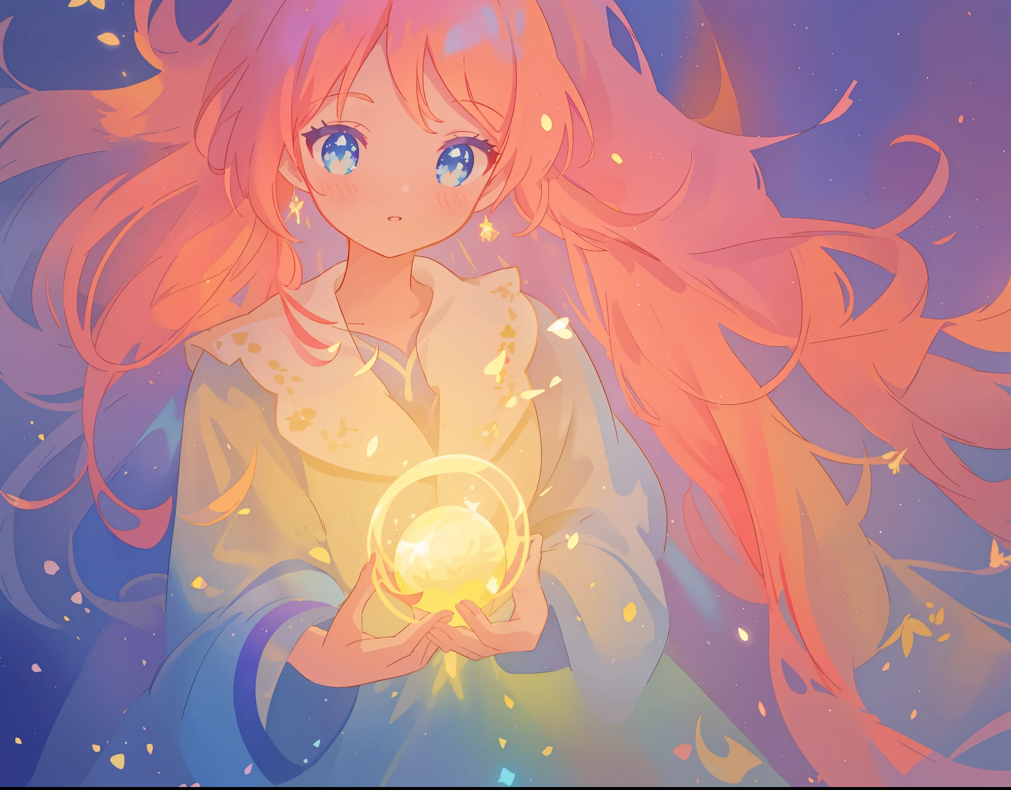 beautiful girl in long flowing dress, long flowing hair, beautiful girl holding a glowing golden ball of light, sparkling blue eyes, colorful fantasia background, watercolor illustration, disney art style, glowing aura around her, glowing lights, beautiful digital illustration, fantasia otherworldly landscape plants flowers, beautiful, masterpiece, best quality, anime disney style