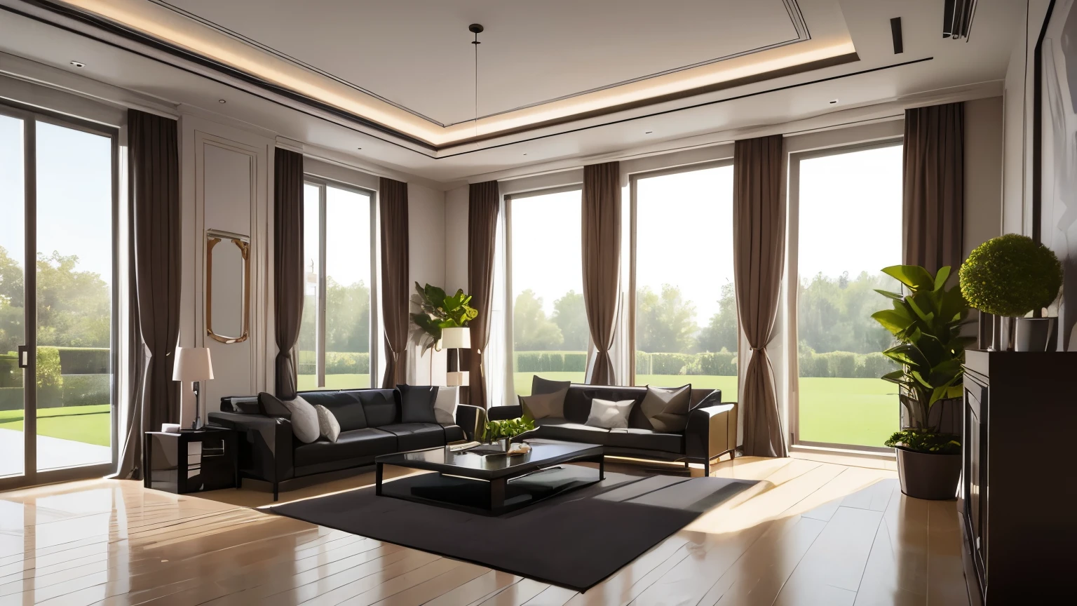 you are a famous interior designer、I was asked to create a 3D image of a large modern room.。. Create a harmonious environment with modern and minimalist furniture. Including garden interior.