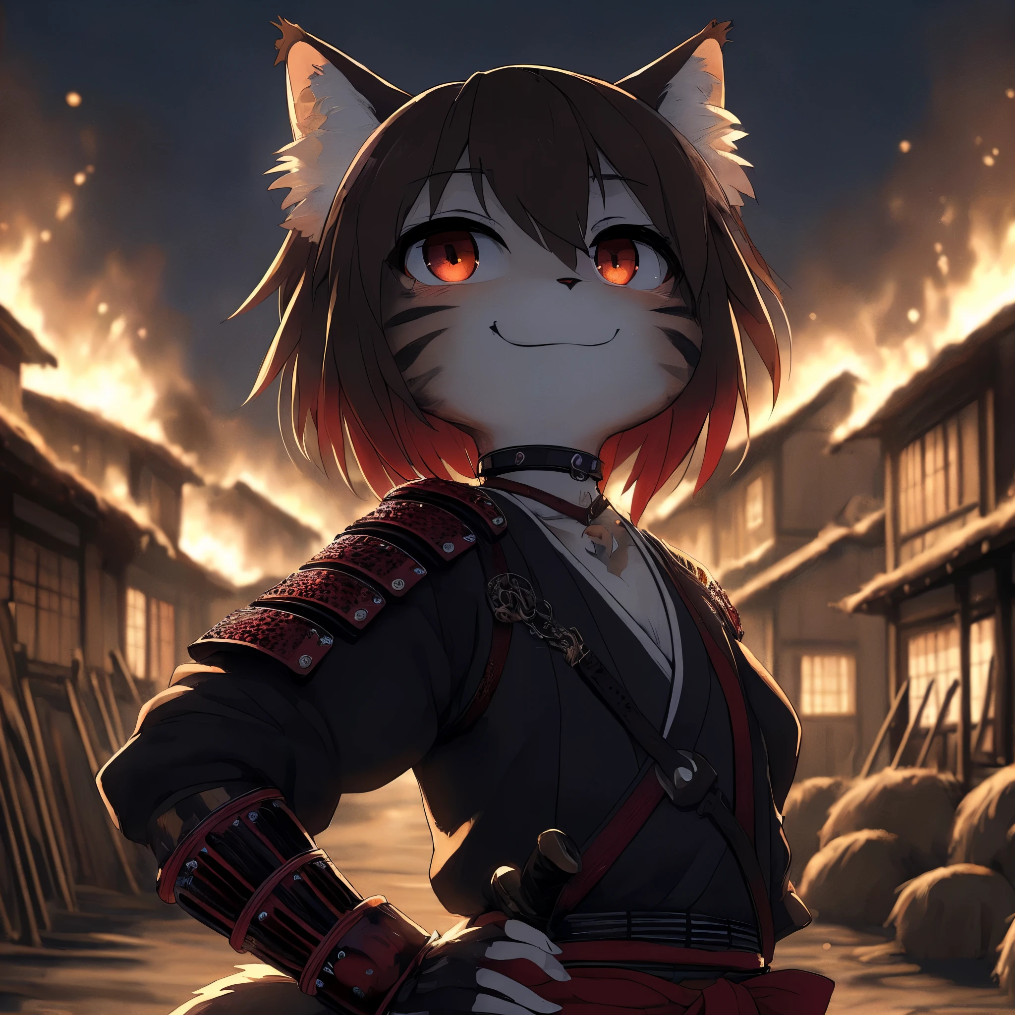 Kemono-style anthropomorphic female cat, with brown hair with red tips, wearing black and red samurai armor, walking through a burning peasant town, with hands behind her back, looking up, with a sarcastic smile, houses made of wood and straw , anime style, dark composition, at night, dark lighting, villain
