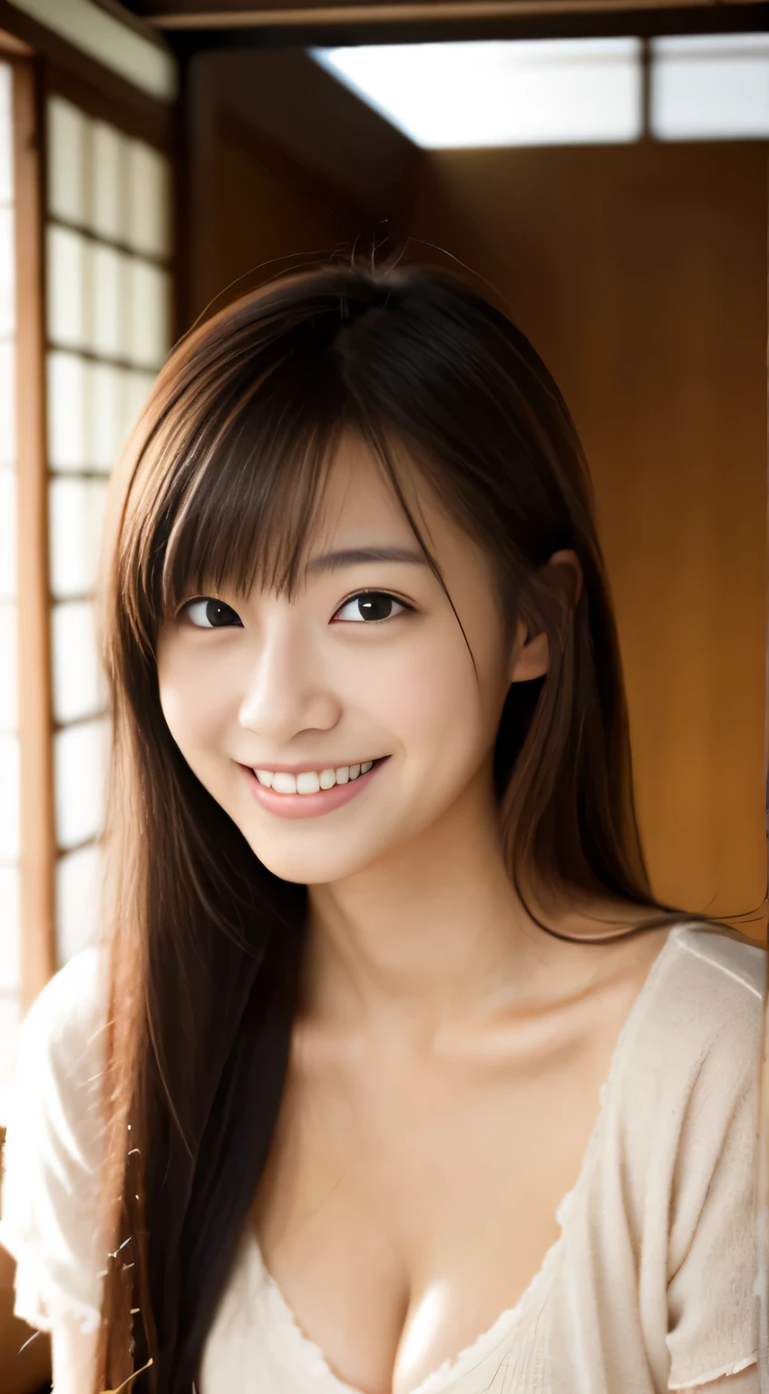 masterpiece,best quality,(Japanese ),((Beautiful girl)),cleavage,indoor,(perfect body beauty:1.2),(shy smile),beautiful teeth,