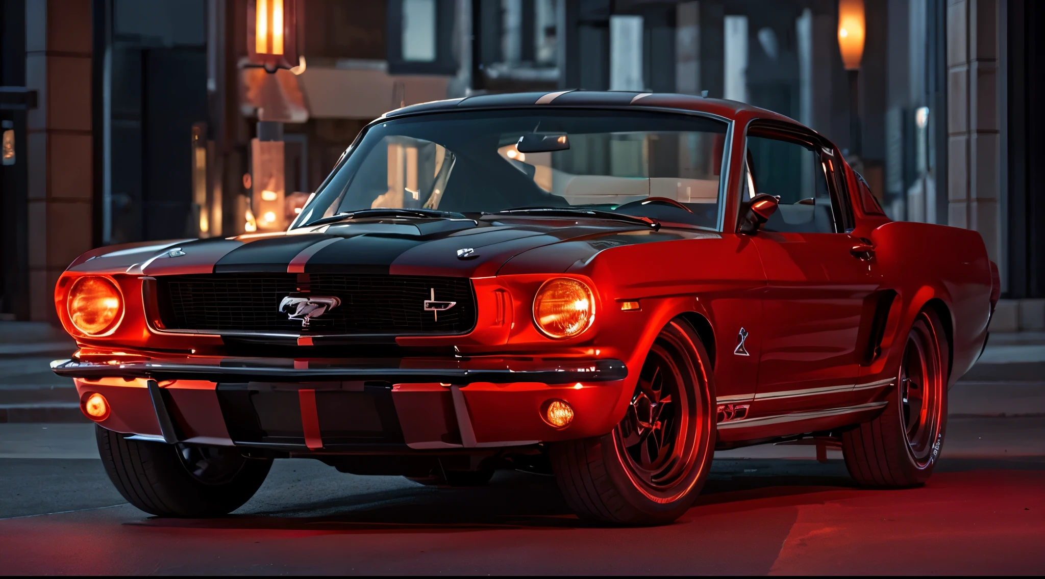 Mustang gt500 1967 precision and high quality Realistic three-dimensional feel beautiful background Parked on the street in front of the marble entrance of a luxury condominium. beautiful lighting beautiful street stylish apartment (shot from the side:1.3) beautiful night lights city of temptation