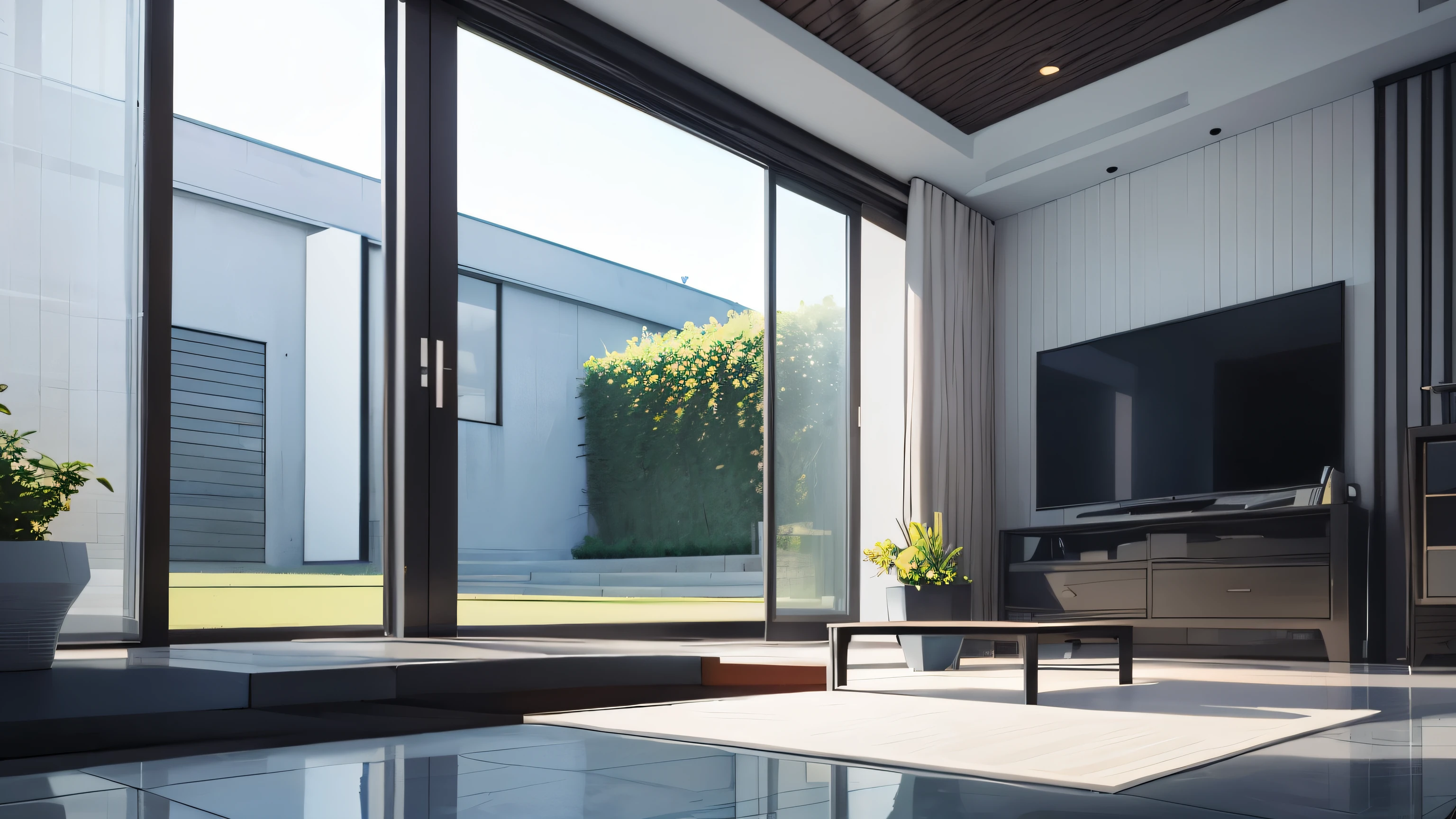 you are a famous interior designer、I was asked to create a 3D image of a large modern room.。. Create a harmonious environment with modern and minimalist furniture. Including garden interior.