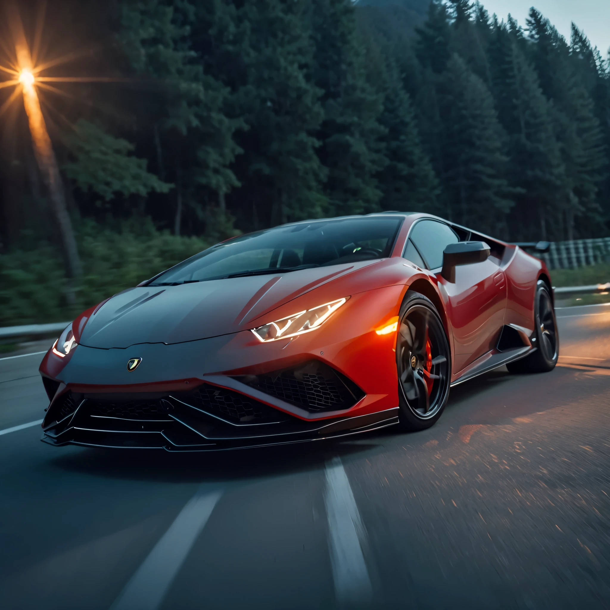 Lamborghini huracan raw photo, (high detailed :1.2), 8k uhd, dslr, soft lighting, high quality, film grain, Depth of Field, freeze frame, cinematic, snow, motion lines, an super car going at high speed on a highway in a rainforest
