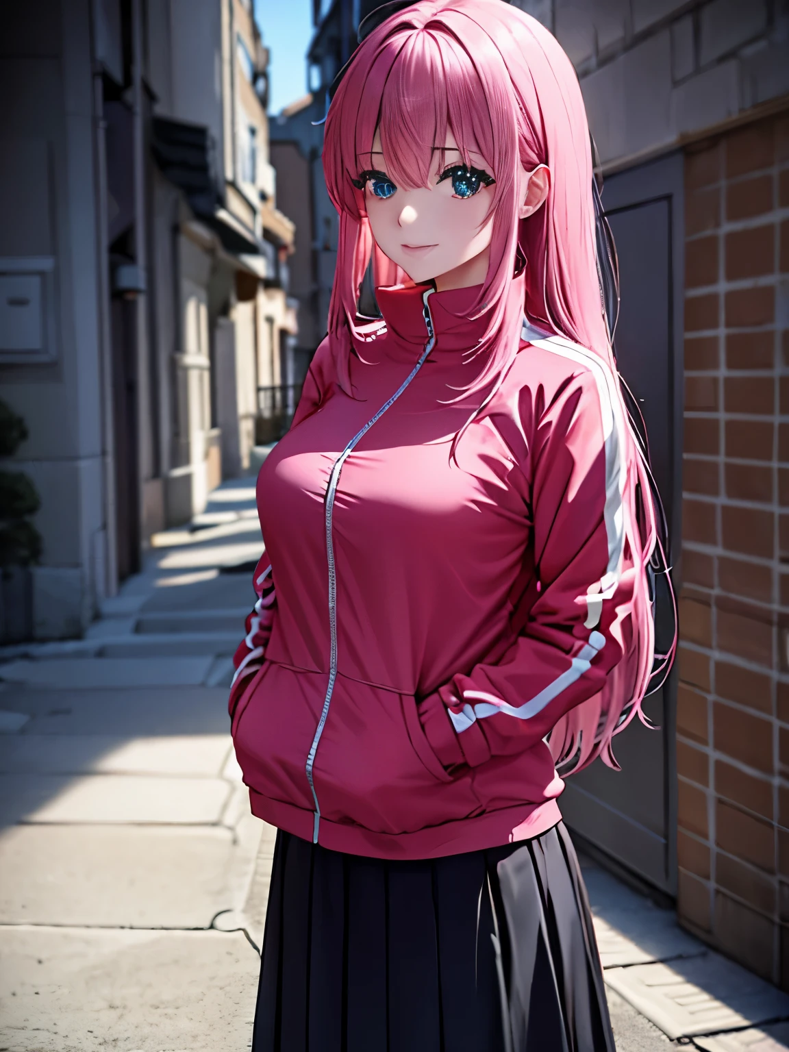 masterpiece, best quality, looking at viewer, portrait, upper body, 1girl, solo, gotou1, gotou hitori, pink hair, aqua eyes, long hair, bangs, hair between eyes, medium breasts, pink jacket, long sleeves, track jacket, black skirt, outdoors, street view, 