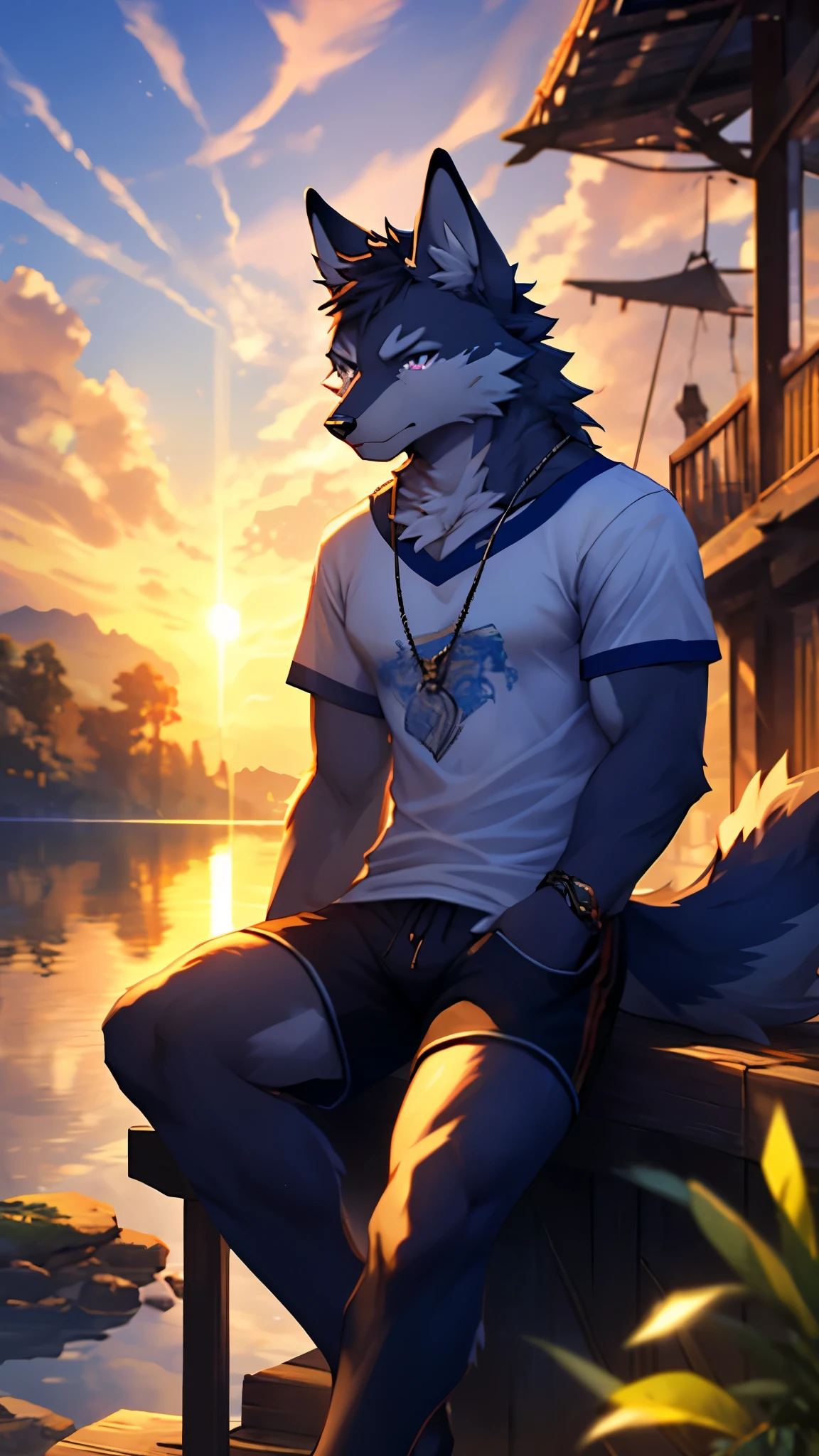 (posted on e621 by Angiewolfartist art style), male, Wolf anthro, Solo, (Realistic eye details 1.2), wearing a white t-shirt, black shorts, anime character, anime - style picture of one people sitting on a dock, very very beautiful furry art, commission for high res, afternoon hangout, pov furry art, furry art!!!, commission for, fursona art, commission art, anthro art, furry art, watching the sunset, Fantasy furry art, fantasy, sad expression, sad face, crying, tears, crying expression, slim body, full body like, in a panoramic view, masterpiece, Abstract beauty, ultra detailed face, depth of field, motion blur, high details, high quality, award winning, HD, 16k, (best quality,4k,8k,highres,masterpiece:1.2),ultra-detailed,realistic:1.37,HDR,UHD,studio lighting,extreme detail description,professional,vivid colors,bokeh,lively atmosphere, natural lighting