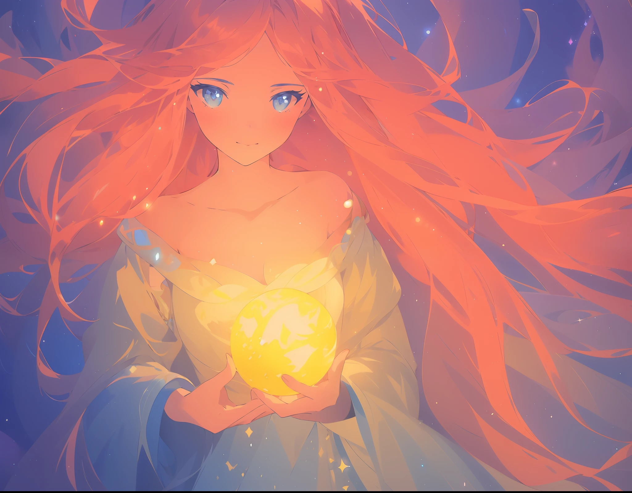 beautiful girl in long flowing dress, long flowing hair, beautiful girl holding a glowing golden ball of light, sparkling blue eyes, colorful fantasia background, watercolor illustration, disney art style, glowing aura around her, glowing lights, beautiful digital illustration, fantasia otherworldly landscape plants flowers, beautiful, masterpiece, best quality, anime disney style