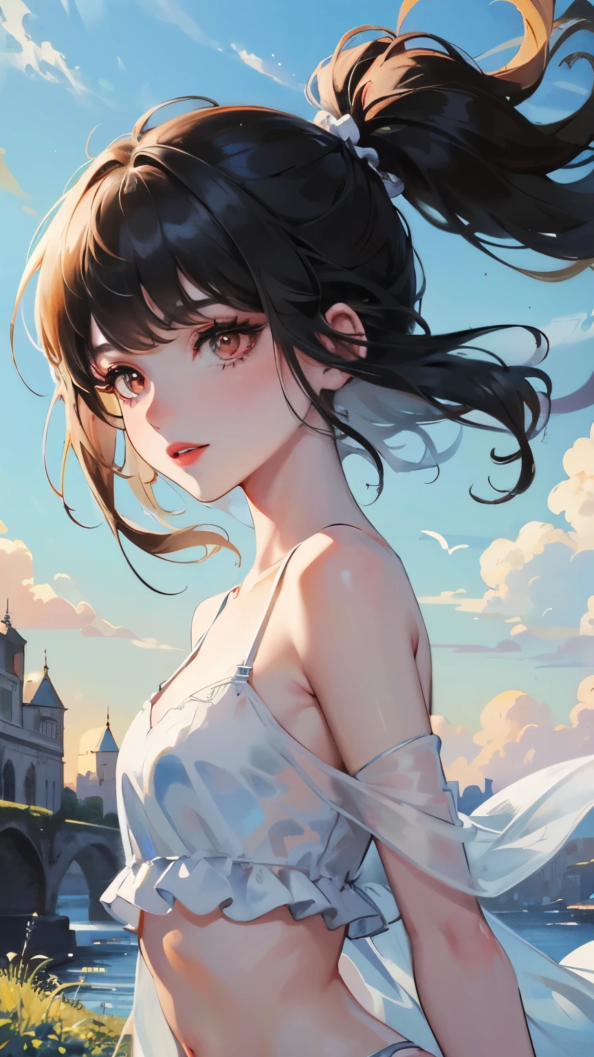 young girl black hair short hair red eyes irreverent face look down thin body thin thighs small breasts small ass toned body blue sky cloud hair blowing in the wind high quality High resolution 8K vampire watercolor natural feel bridge of the nose ((最high quality)), ((masterpiece)), (get used to it), dignified face grassland close up of face Beautiful as a goddess whole face lipstick eye shadow naked ID photo style one piece long eyelashes Accurate No decoration Bare skin No accessories In underwear