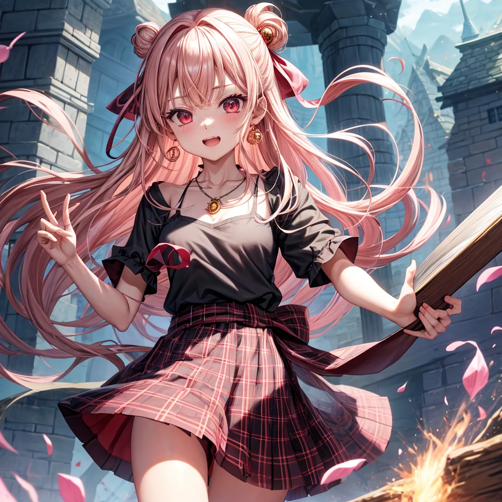 pink blonde、red eyes、one good looking girl、solo、anime、plaid mini skirt、black camisole、black t-shirt、dress、wearing a ribbon、ribbon at waist、cloak、hood、stone slabs are piled up、crystal earrings、monster castle、jewelry necklace、Light and shadow、walking、clock、universe、vine plant、petal、tilting one&#39;s face、teeth are visible、spiral stage、fire spirit、book of magic、Kinmokusei