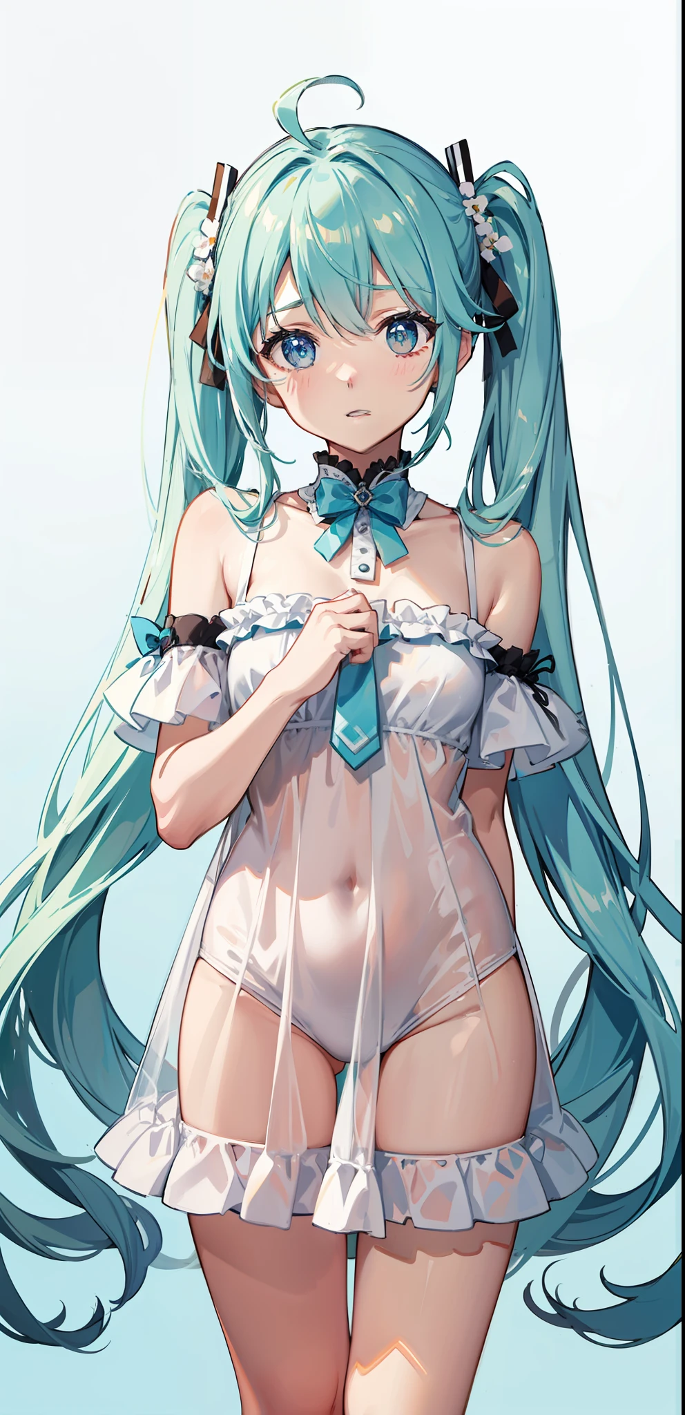 age girl、water色ツインテイルク初音、extra short night dress、Len、cute、With background、highest quality、1 girl solo、water、Transparency、Push out the inner thighs、cute、I'm shy、please lie down on the bed