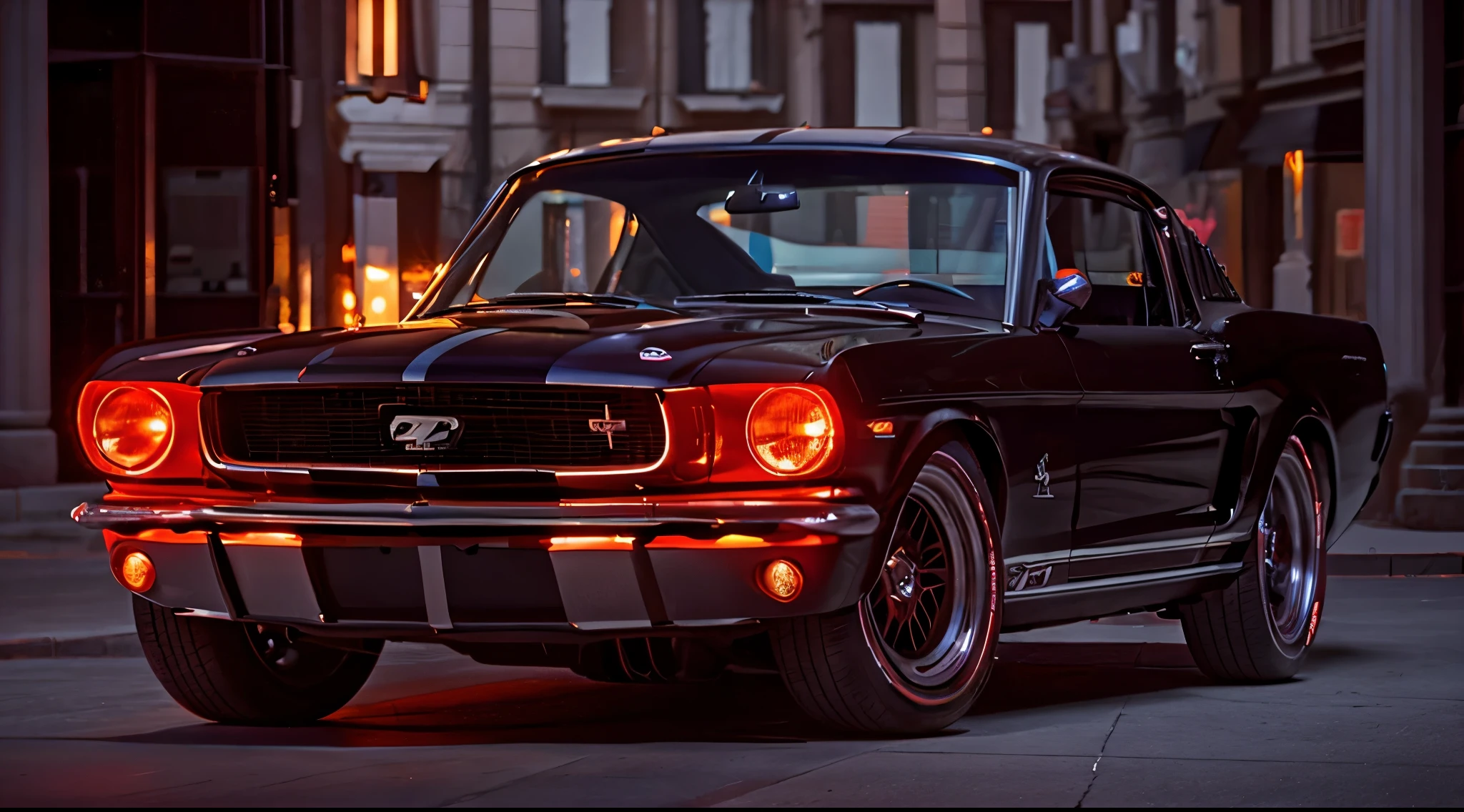 Mustang gt500 1967 precision and high quality Realistic three-dimensional feel beautiful background Parked on the street in front of the marble entrance of a luxury condominium. beautiful lighting beautiful street stylish apartment (shot from the side:1.3) beautiful night lights city of temptation