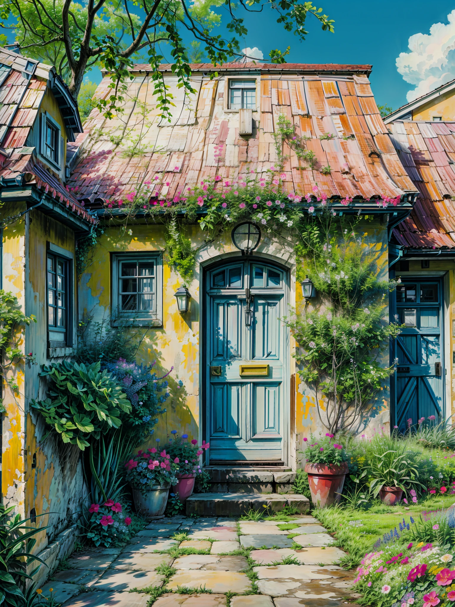 a yellow building with a blue door and pink flowers, pink door, flowery cottage, blue door, dreamy colors, colorful house, greece, beautiful color composition, mediterranean architecture, lush flowery outdoors, vibrant pastel color palette, fantasy italy, bougainvillea, colorful architecture, vibrant uplifting color scheme, southern european scenery, lush chic garden, beatiful house, 4k hd,, beautiful art uhd 4 k, a beautiful artwork illustration, beautiful digital painting, highly detailed digital painting, beautiful digital artwork, detailed painting 4 k, very detailed digital painting, rich picturesque colors, gorgeous digital painting