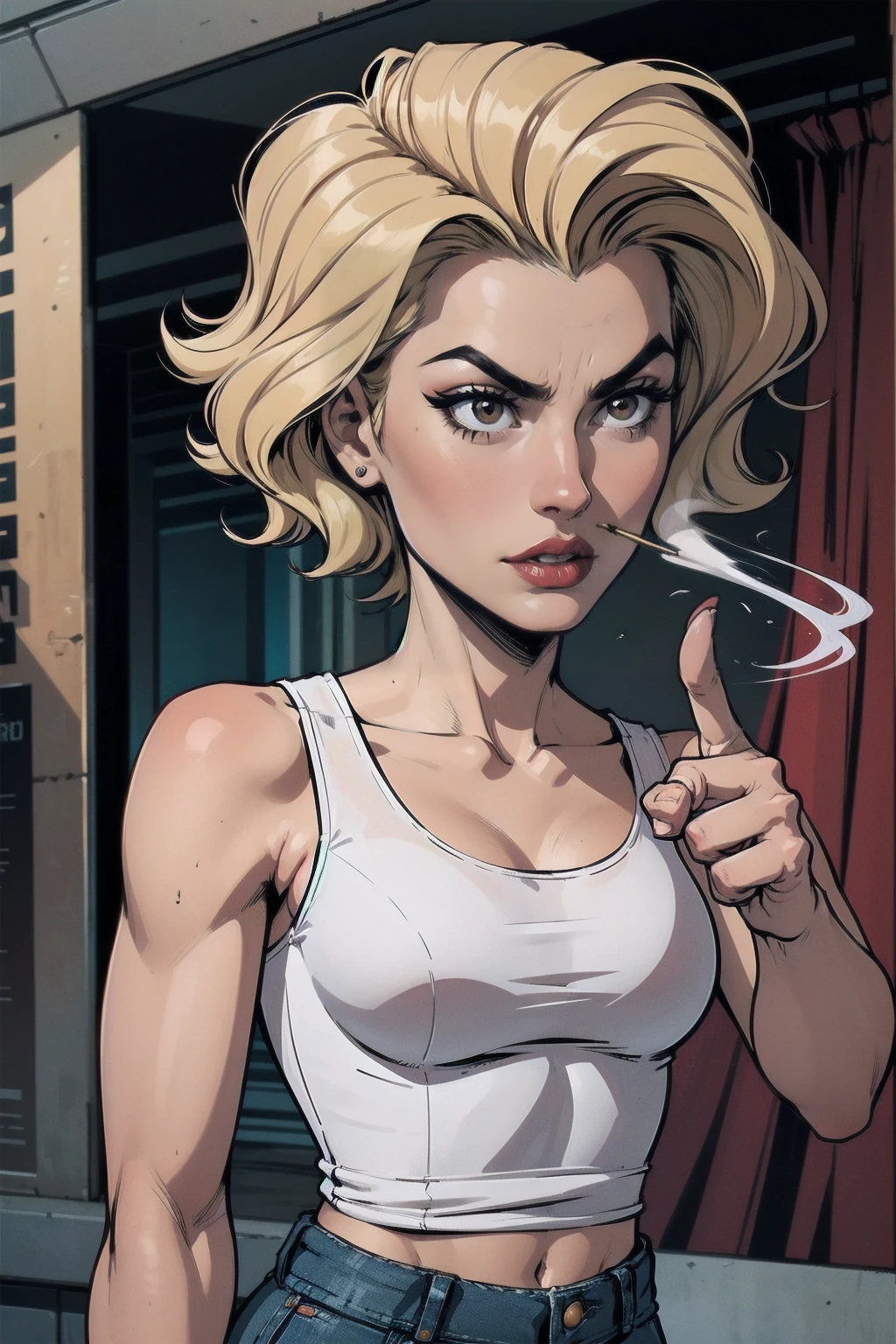 a woman with short blond hair, hair on shoulders, wearing a red tank top, small breasts and jeans, brown eyes, wife of preacher, tulip ohare, toon aesthetic, wearing red lipstick, look like tulip ohare (comics) (preacher) (vertigo), smoking, pointing a gun, serious face, upper body, looking at the view