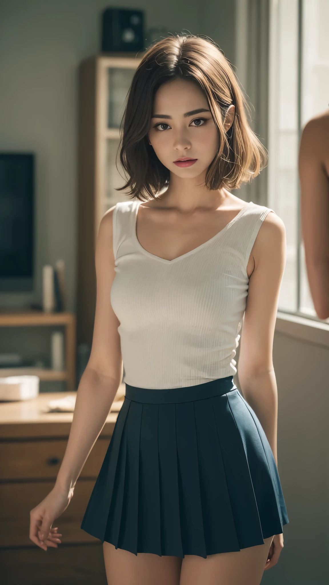 ((best quality, 8 thousand, masterpiece:1.4)), (20세 female),masterpiece, separated, Highres, High_quality, large in size_launch, small_face, absurdly_short_hair, female, sag_chest, upset the balance, (((최고의 quality))), ((very detailed)), ((very delicate and beautiful)), cinematic light, (Directing a movie scene), Create a scene from the movie, Please direct a scene from IfOnly., whole body, beautiful thighs, long light pleated skirt,
