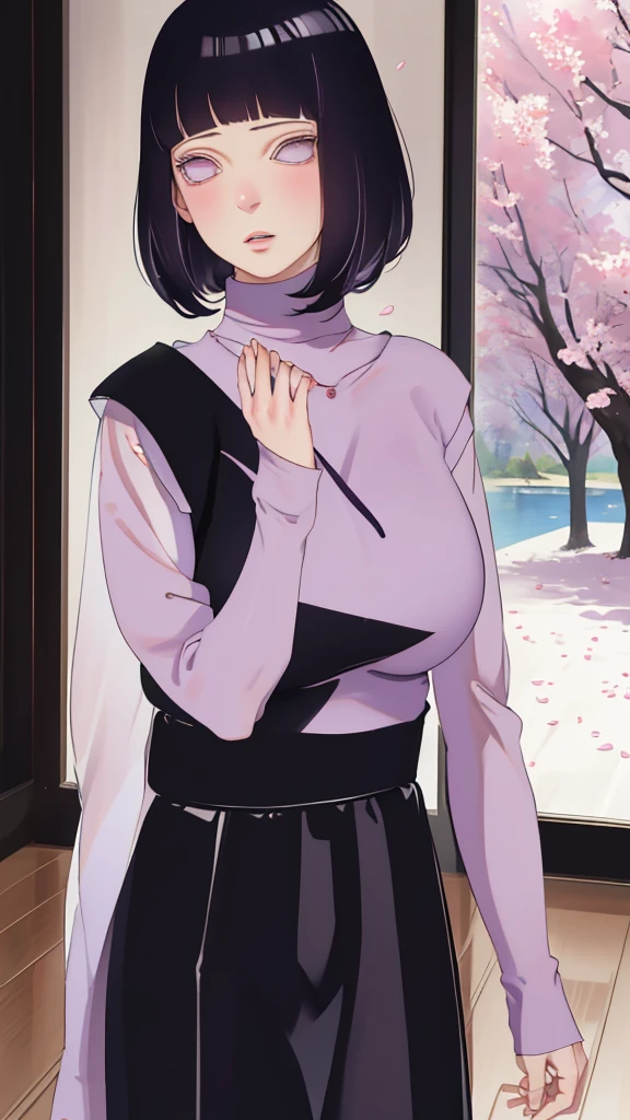 { - anatomy error} (Masterpiece - Ultra-detailed, very high resolution) (huge titusty, masterpiece, absurdres, hinata\(boruto\), 1girl, solo,mature female, lilac turtleneck blouse, pant, looking at viewelling petals), perfect composition, detailed lips, big breast, beautiful face, body propotion, blush, (pink lips), short hair, (black hair), purple eyes, soft gaze, super realistic, detailed, photoshoot, realistic face and body, closed mouth, walking on the floor , lilac eyes, upper body, ridden hands, perfect fingers