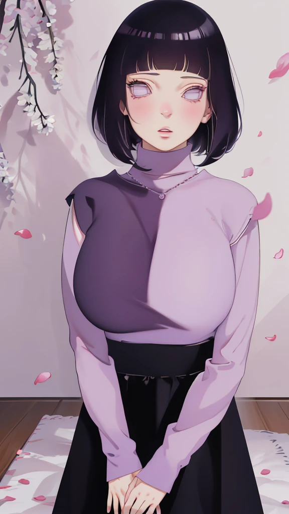 { - anatomy error} (Masterpiece - Ultra-detailed, very high resolution) (huge titusty, masterpiece, absurdres, hinata\(boruto\), 1girl, solo,mature female, lilac turtleneck blouse, pant, looking at viewelling petals), perfect composition, detailed lips, big breast, beautiful face, body propotion, blush, (pink lips), short hair, (black hair), purple eyes, soft gaze, super realistic, detailed, photoshoot, realistic face and body, closed mouth, walking on the floor , lilac eyes, upper body,  ridden hands, perfect fingers