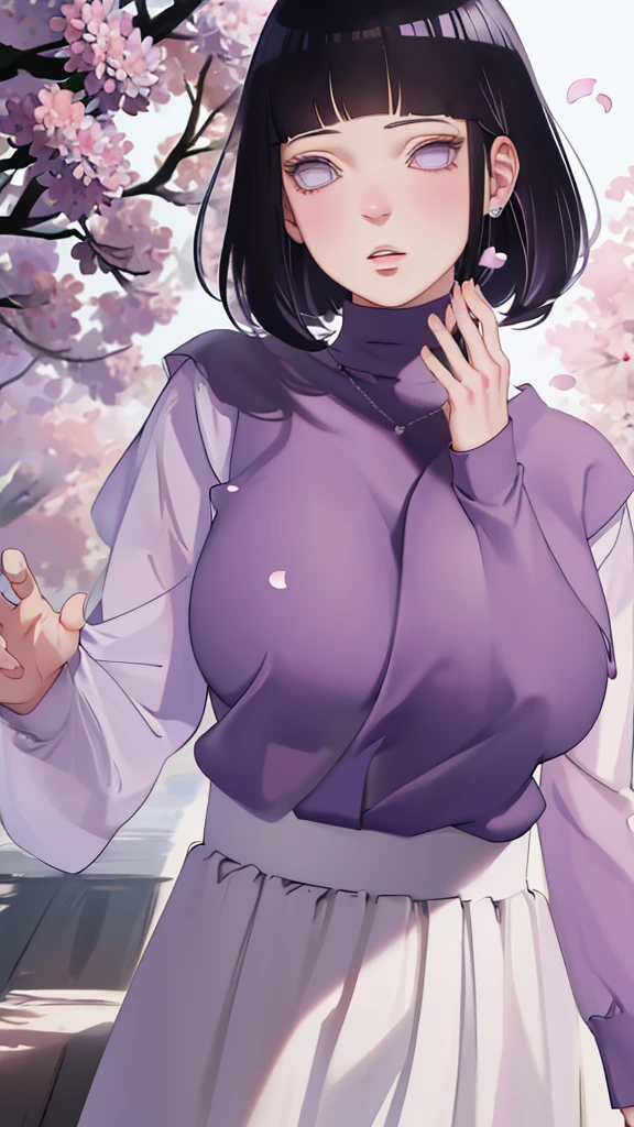 { - anatomy error} (Masterpiece - Ultra-detailed, very high resolution) (huge titusty, masterpiece, absurdres, hinata\(boruto\), 1girl, solo,mature female, lilac turtleneck blouse, pant, looking at viewelling petals), perfect composition, detailed lips, big breast, beautiful face, body propotion, blush, (pink lips), short hair, (black hair), purple eyes, soft gaze, super realistic, detailed, photoshoot, realistic face and body, closed mouth, walking on the floor , lilac eyes, upper body,  ridden hands, perfect fingers