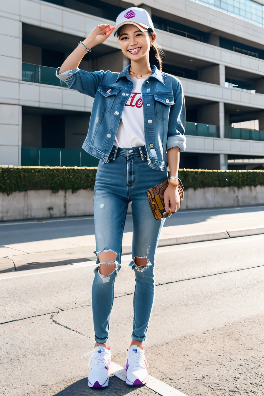 In the photo, bright, cute confident woman々Ride around town on an electric skateboard. She is wearing a simple denim jacket and loose khaki pants, Showing off her personality and casual style. On her feet are comfortable and durable sports shoes, Makes her movements look more agile and smooth. What completes the ensemble????、baseball cap, Adds brightness to the entire outfit.smile、smile showing teeth