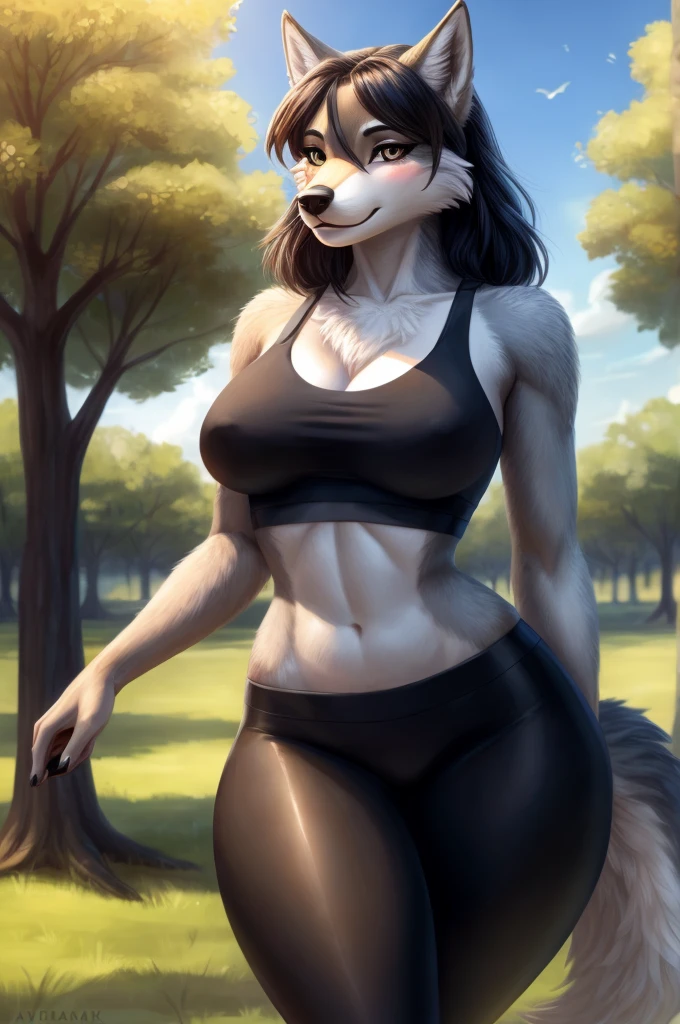 Female, solo, wolf, fluffly, furry, (average breasts), (curvy:1.3), (cotton crop top), (black leggings), park background, accurate tail, slight blush, mature, seductive, flirty, beautiful, highly detailed, high resolution, detailed eyes, detailed hands, detailed background, masterpiece