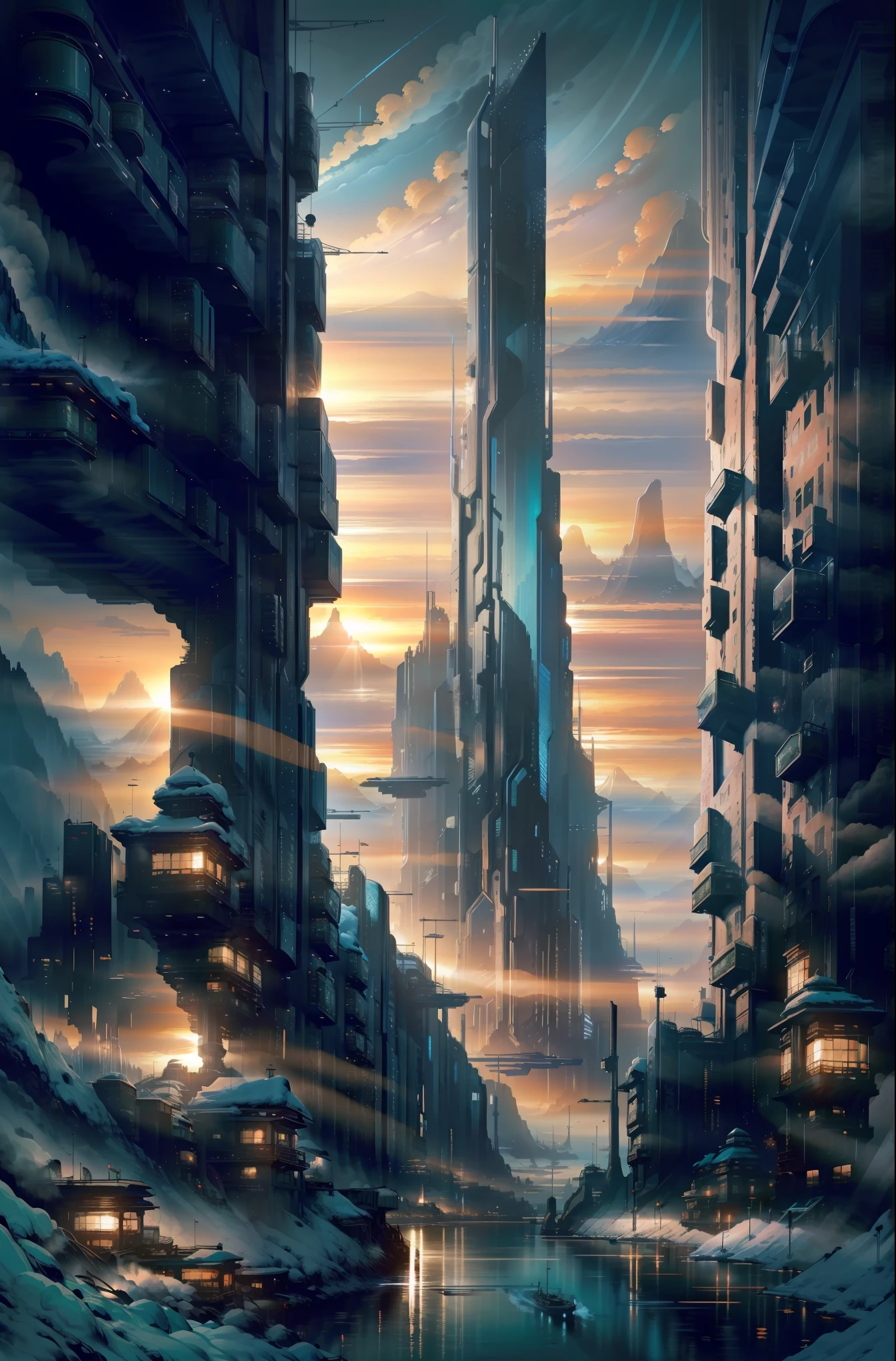 (best quality,highres,masterpiece:1.2),Arte de Yoji Shinkawa,concept art,storybook-like container ship,Snow-covered,cozy,illustrated,oil painting style,detailed sea waves,warm light,icy mountains,beautifully textured clouds,forested mountains,winter wonderland,colorful sunset,subtle reflections in the water,shimmering snowflakes,fantasy atmosphere,vivid colors,impressionistic brushstrokes,majestic size of the ship,glowing windows on the ship,peaceful surroundings