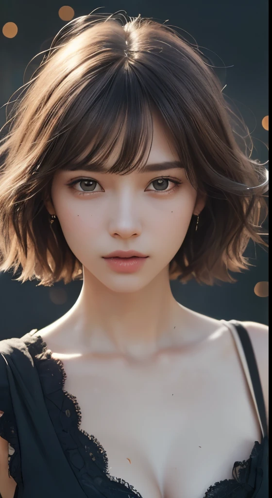 1 girl, very cute, wonderful face and eyes, (Highly detailed beautiful face), (Ultra realistic), (highly fine eyes, highly detailed hair, 非常にdetailed face, Highly detailed plump lips), (off shoulder), chest, Upper body, looking for a smile, (highest quality:1.4), RAWphotograph, (realistic, photo-realistic:1.37), professional photography, cinematic light, highest quality, masterpiece, (realistic:1.2), 1 girl, detailed face, 美しい目のmasterpiece:1.2, highest quality), (fine and beautiful eyes: 1.2), (Highly detailed CG Unity 8k wallpaper, masterpiece, highest quality, super detailed, best shadow), (detailed background), (美しくdetailed face, Beautiful fine eyes), high contrast, (best illumination, very delicate and beautiful),1 girll,((Colorful paint splatters on transparent background, dulux,)), dynamic angle, beautiful delicate shine, full body esbian, cowboy shot, gray hair, purple eyes, highest quality, masterpiece, (realistic:1.2), lotus flower, shine, In the night sky, full of stars, very detailed, 超High resolution, super high quality, (photograph:1.2)、(photorealistic:1.3)、(masterpiece:1.3)、(best image quality:1.4)、超High resolution、(fine eyes)、(detailed facial features)、(Detailed garment features)、8K resolution、focus only、30 year old mature woman、small face、no makeup、detailed beautiful eyes、bangs、dark brown hair、short cut hair、(realistic skin)、beautiful skin、attractive、超High resolution、Super realistic、High resolution、open white shirt,middle shake、small chest、bust B cup、、cool beauty、