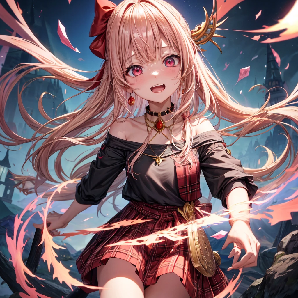 pink blonde、red eyes、one good looking girl、solo、anime、plaid mini skirt、black camisole、black t-shirt、dress、wearing a ribbon、ribbon at waist、cloak、hood、stone slabs are piled up、crystal earrings、monster castle、jewelry necklace、Light and shadow、walking、clock、universe、vine plant、petal、tilting one's face、teeth are visible、spiral stage、fire spirit、book of magic