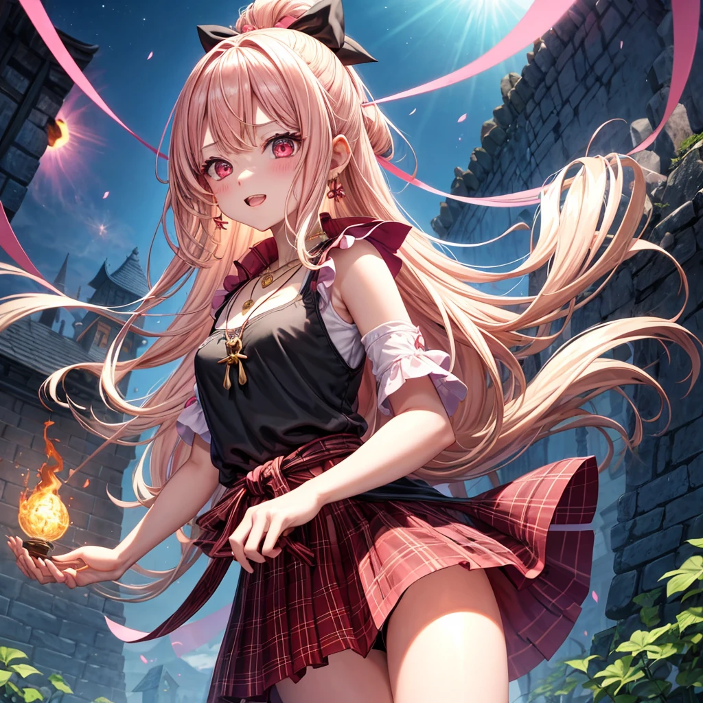 pink blonde、red eyes、one good looking girl、solo、anime、plaid mini skirt、black camisole、black t-shirt、dress、wearing a ribbon、ribbon at waist、cloak、hood、stone slabs are piled up、crystal earrings、monster castle、jewelry necklace、Light and shadow、walking、clock、universe、vine plant、petal、tilting one's face、teeth are visible、spiral stage、fire spirit、book of magic