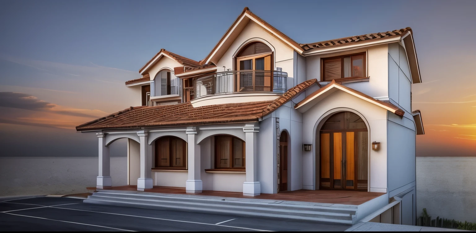 Photo of a villa 8m wide, 1 ground floor, Mediterranean style, rough white paint color, tile roof, in a small and extremely steep alley in the middle of hill town, tree and car in traffic at the small alley on foreground, realistic lighting, photography, UHD, 4k