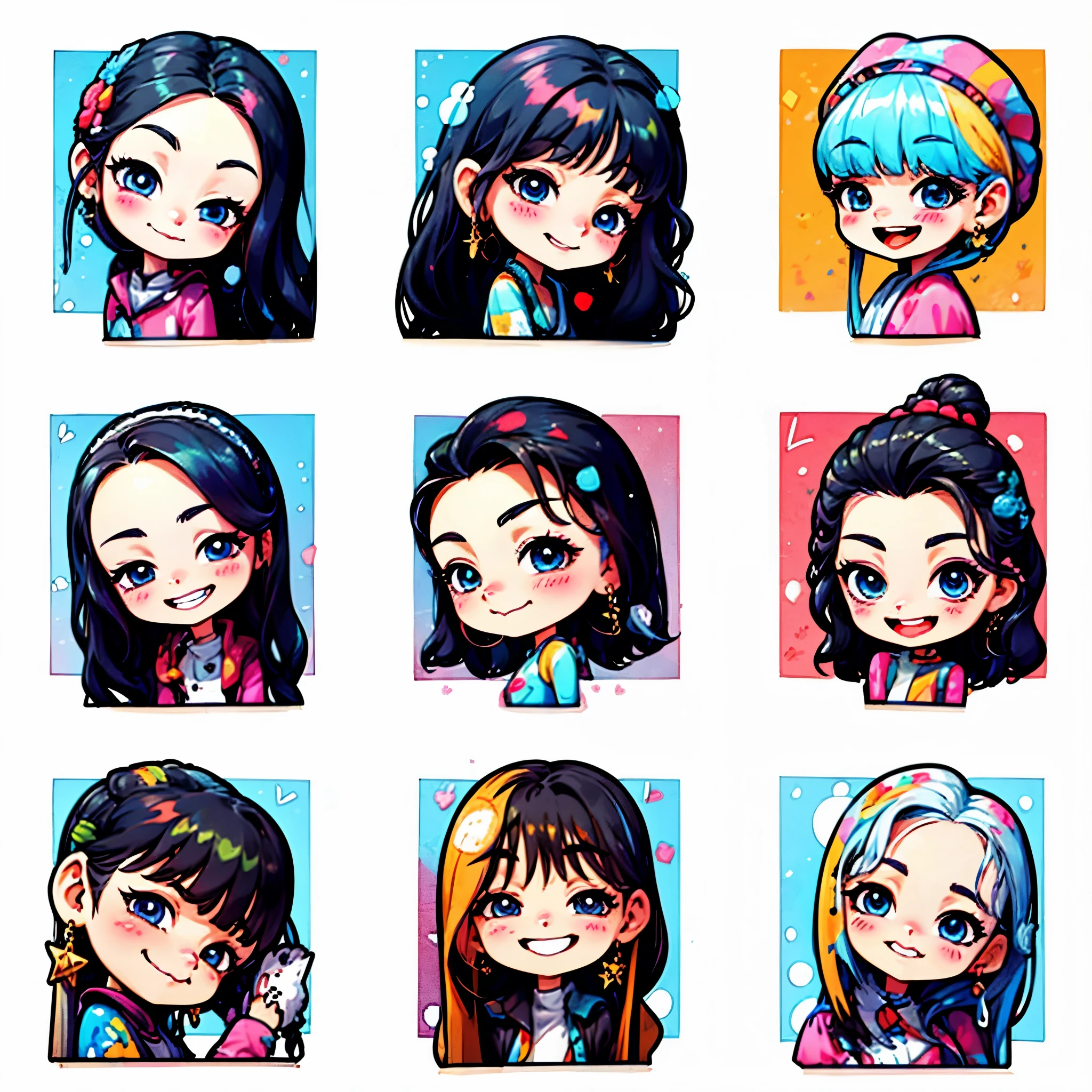 Group of cartoon girls with different colored eyes and hair, cute art style, K-POPアイドルの肖像画, cartoon art style, chibi art, cartoon art style, anime chibi, IG studio anime style, Portraits of Korean female idols, official fan art, chibi anime, anime style illustration, chibi style, cute realistic portrait, anime moe art style, Cute Chibi, cute girls