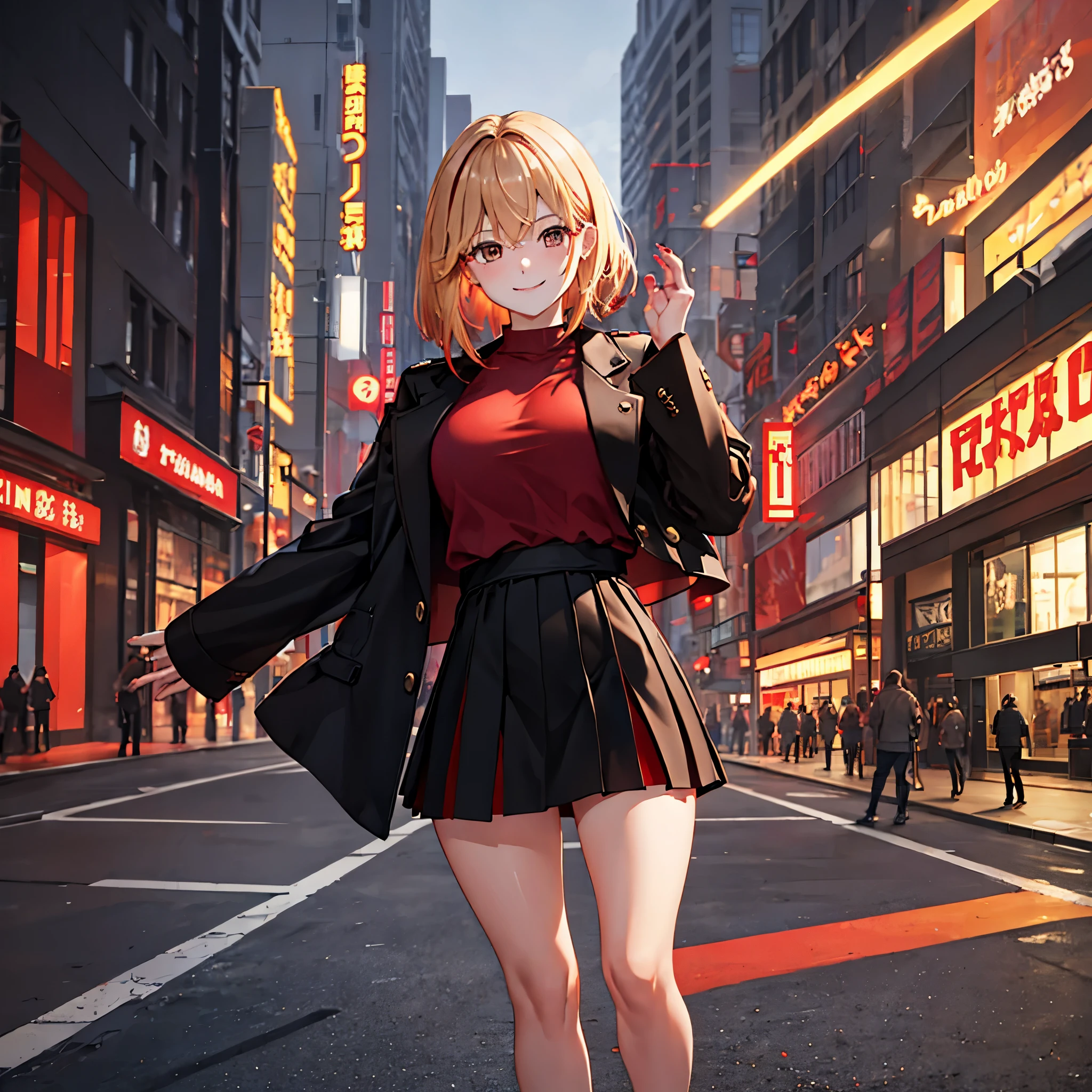 A woman wearing a red shirt, a black coat, wearing a short skirt, brown eyes, short blonde hair, red bangs, perfect hands, perfect fingers, perfect arms, smiling, walking in a large, well-lit city at night.