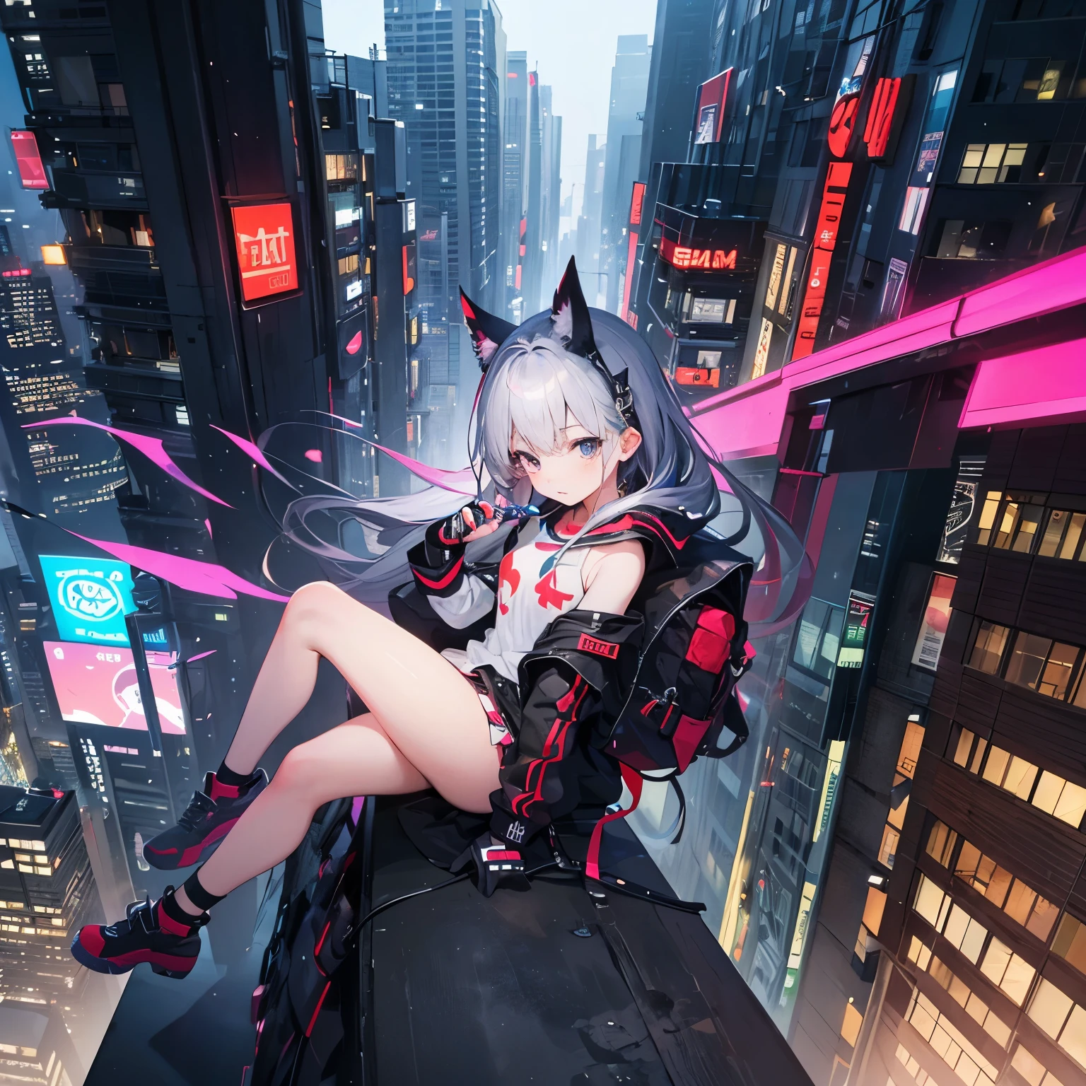 anime girl sits on the edge of a skyscraper looking at the city,a futuristic alien spaceship is flying over a city at night time with tall buildings in the background,high school girl,scenery, night, sky, cityscape, city,Osaka, cyber punk,cyber punk