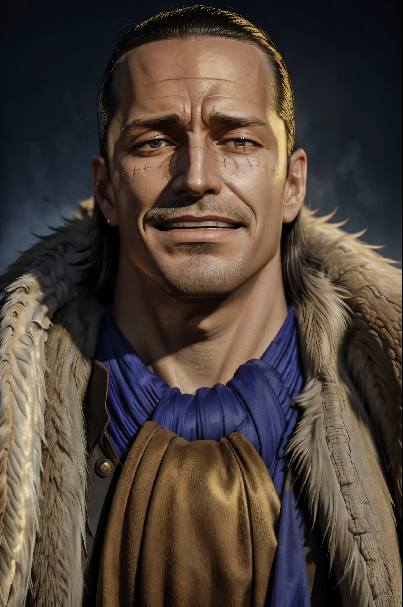 masterpiece, best quality, extremely detailed, hyperrealistic, photorealistic, a cool 40s man, ultra detailed face:1.1, fur-trimmed coat, scarf around the neck, his left hand is a golden pirate hook:1.1, close up shot, sly smile, blue sky,
