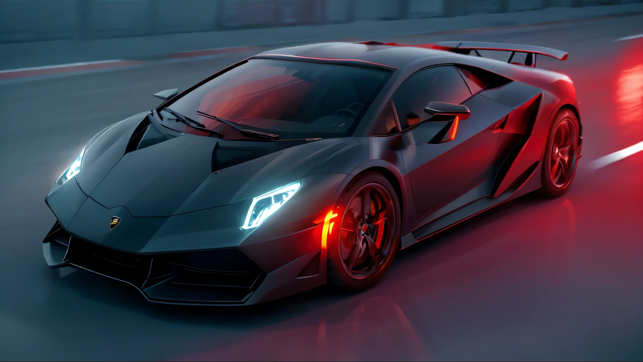 Lamborghini sesto elemento color black and red raw photo, (high detailed :1.2), 8k uhd, dslr, soft lighting, high quality, film grain, Depth of Field, freeze frame, cinematic, snow, motion lines, an super car going at high speed on a highway in a rainforest