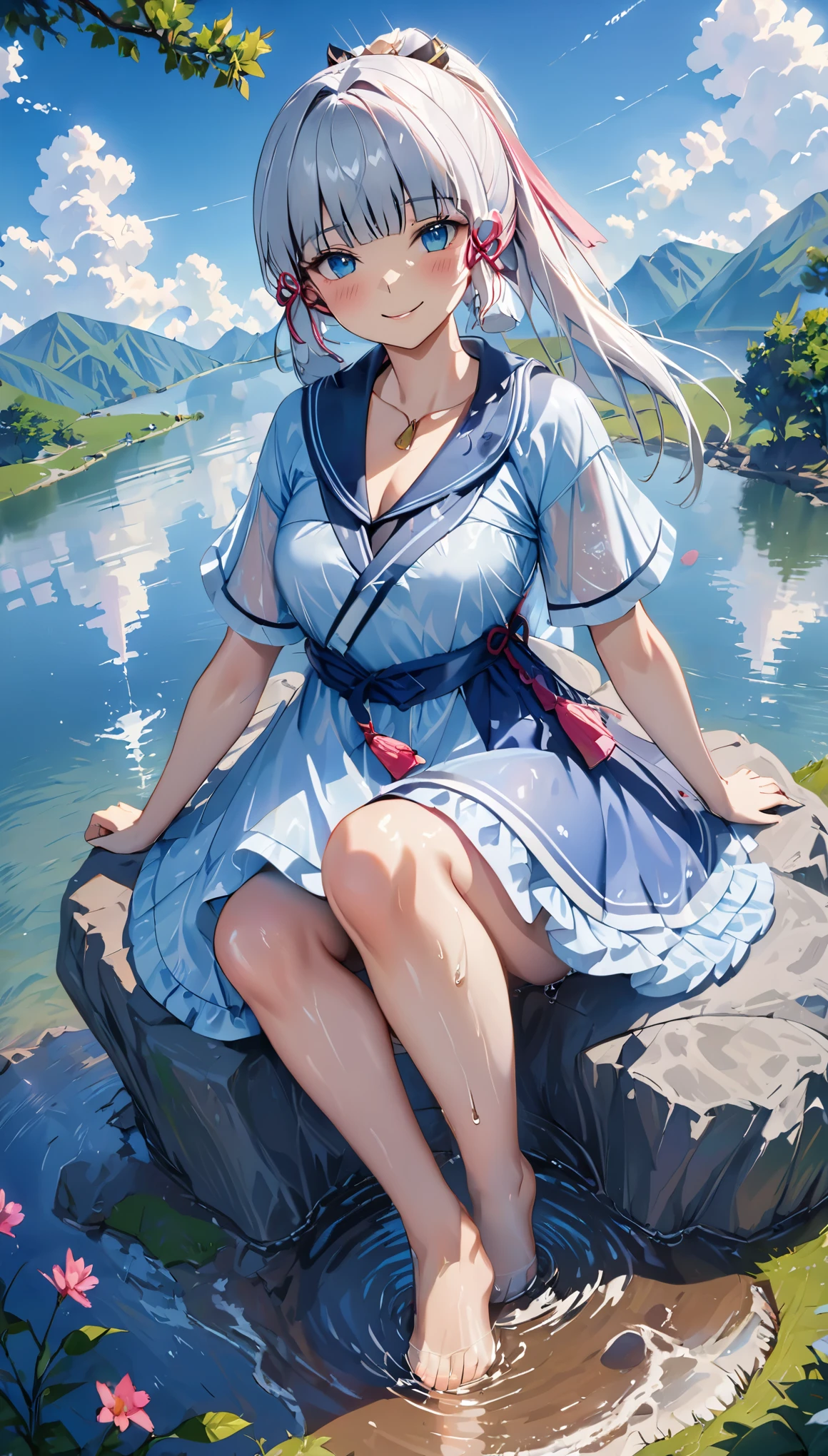 ayaka, Wet, soaking, (Best quality,4K,8K,A high resolution,tmasterpiece:1.2),ultra - detailed,(actual,realistically,realistically:1.37), White hair, huge booolossal title blue eyes, White lace nightdress，in pink，dampness，medium breasts, Sitting on a rock by the lake，facing at the camera， water dripping, glistning skin，Covered in sweat，There is an unknown  on the body，Happy smile, camel toe , school uniform , braless 