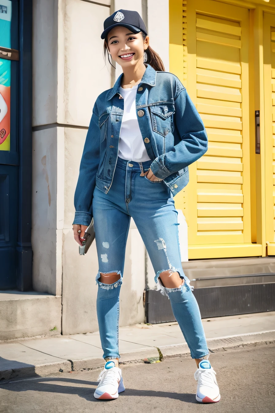 In the photo, bright, cute confident woman々Ride around town on an electric skateboard. She is wearing a simple denim jacket and loose khaki pants, Showing off her personality and casual style. On her feet are comfortable and durable sports shoes, Makes her movements look more agile and smooth. What completes the ensemble????、baseball cap, Adds brightness to the entire outfit.smile、smile showing teeth