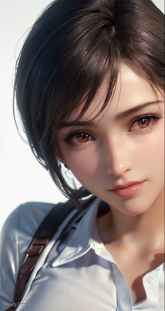 (masterpiece, highest quality, photorealistic, High resolution, photograph, :1.3), very close up shot, sharp focus, 30 year old mature woman、small face、no makeup、hot models, Highly detailed eyes and pupils, realistic skin, slim body shape、 short cut hair、dark brown hair、 delicate and sexy face, sensual gaze, glossy lips, ((He wears a white collared shirt with the top button undone.))、small breasts、bust B cup、No bra、wearing a pendant、((realistic, super realistic, realism, realistic detail))、cool beauty、sexy style、Gray background