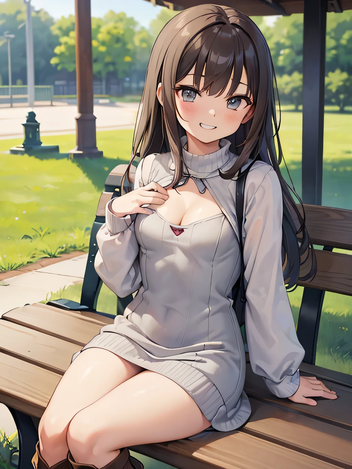 (masterpiece、highest quality、High resolution、realistic pictures、real looking skin:1.1), (She is wearing a tight gray knit minidress with long sleeves。.:1.5), (There is a small gap in the chest of that dress.、I can see the cleavage.:1.5), 1 Japanese woman, beautiful eyes, shining eyes, brown hair, medium long hair, OL, (I'Iは膝を合わせてベンチに座っています:1.8), (both hands are on the bench: 1.5), (brown knee-length boots:1.5), (fancy pattern panties: 1.5), (provocative and grinning expression:1.5), (The location is an amusement park bench..:1.5), NSFW