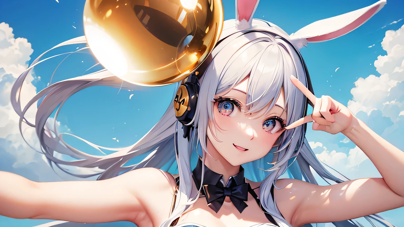 It depicts real people and anime-style characters posing together..。human women are、Wearing headphones with rabbit ears、wearing a bunny girl costume。She is happily doing the peace sign.、looks very bright。Next to it、There is a rabbit animation character、He also takes the same pose as a human woman..。against the blue sky、You can see a golden sphere that looks like that.&#39;flying.。whole、This image creates a fun and lively atmosphere.、Creates a visually appealing contrast。






