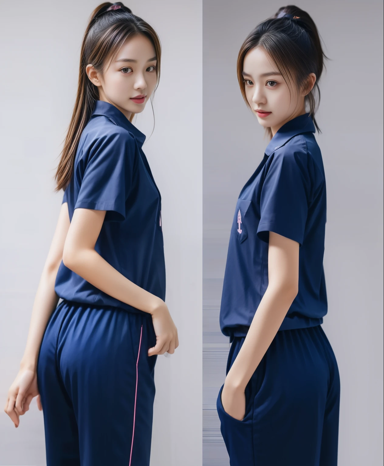 (best quality,10,10,height,Masterpiece:1.2),Special details,(realistic,ภาพrealistic,Realistic photos:1.37),1 Cute girl in the kitchen,shiny, ผิวshiny,only,smile softly,BDclothelue shirt:1.3)),short sleeve,shirt, กางเกงขาlong.,(navy_long_track pants:1.1), ((Kitchen Background)),Dynamic angle,excited,Face focus,dynamic poses,from behind,focus on ass,Masterpiece, best quality, ultra realistic, Too many details, 8k resolution, raw photos, Sharp focus, ((Navy blue shirt:1.1)), short sleeve, เส้นทางlong, perfect body, 2 mature women, 18 years old, Cinema-grade lighting system,blue sweatpants,shirtผ้าออกกำลังกาย,correct anatomy,perfect body, correct body, Sharp face, correct bodyทางกายวิภาค, full body, realistic gestures, long-haired, realistic poses,Wear long shorts...........................,ช่วงขาlong,Good shape,carved girl, Slender figure, model, Good shape, beautiful body,blue sweatpants, two girls kissing