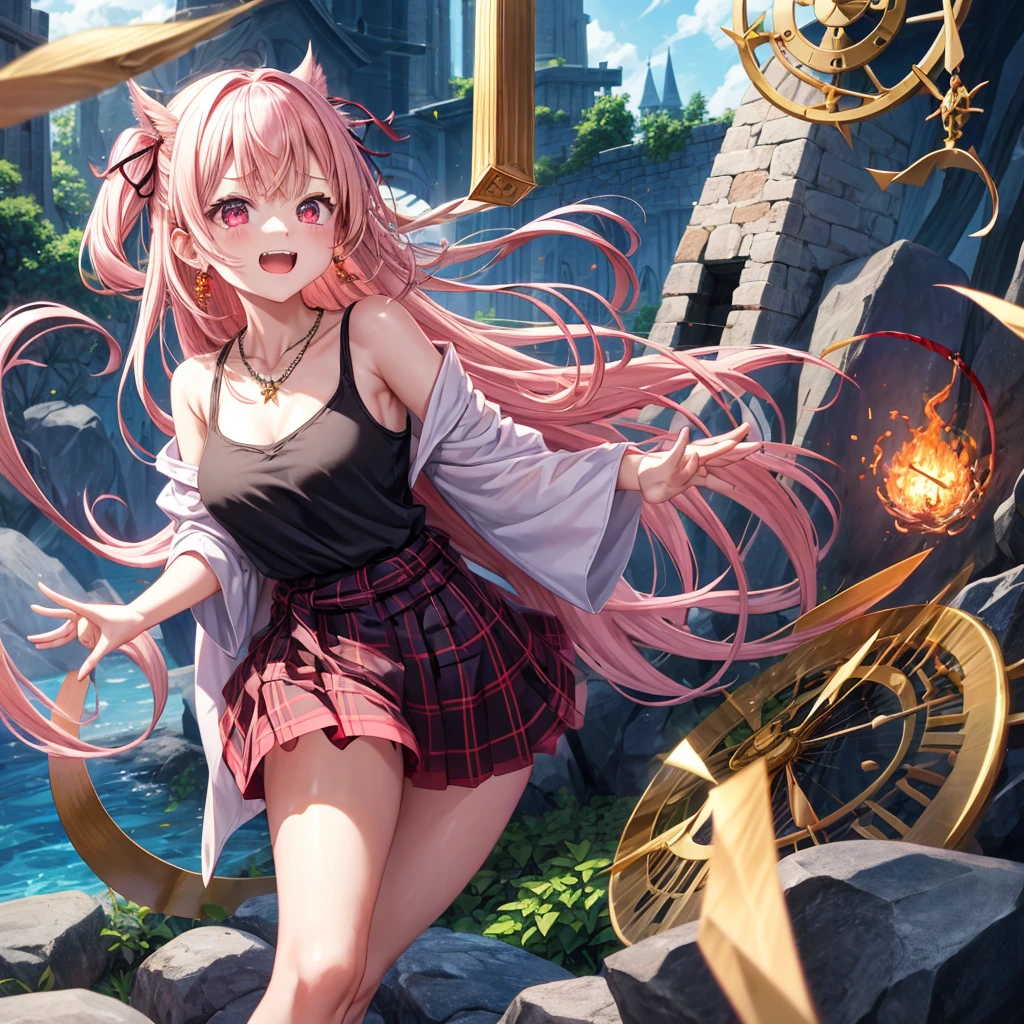 pink blonde、red eyes、one good looking girl、solo、anime、plaid mini skirt、black camisole、black t-shirt、dress、wearing a ribbon、ribbon at waist、cloak、hood、stone slabs are piled up、crystal earrings、monster castle、jewelry necklace、Light and shadow、walking、clock、universe、vine plant、petal、tilting one's face、teeth are visible、spiral stage、fire spirit、book of magic、Cube