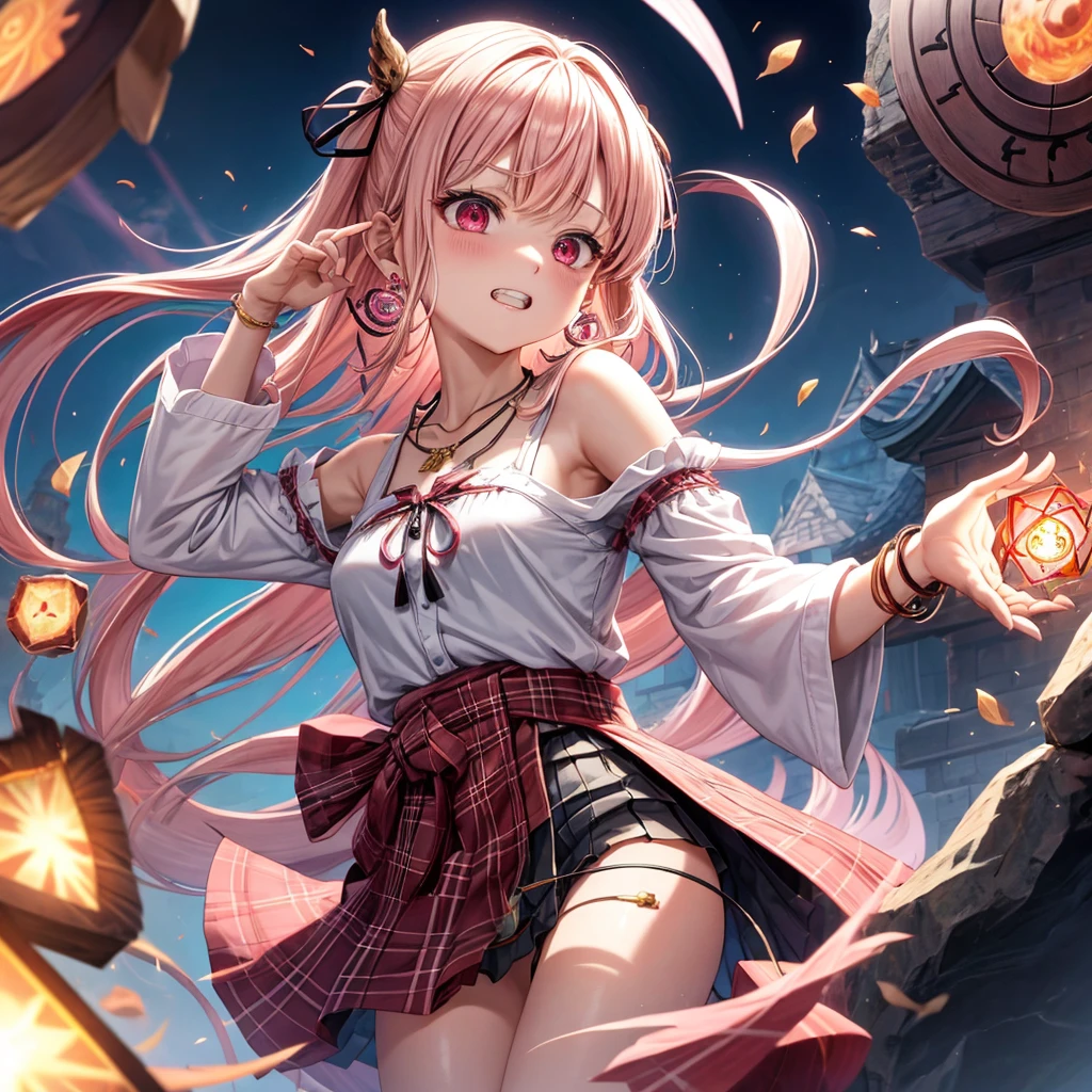 pink blonde、red eyes、one good looking girl、solo、anime、plaid mini skirt、black camisole、black t-shirt、dress、wearing a ribbon、ribbon at waist、cloak、hood、stone slabs are piled up、crystal earrings、monster castle、jewelry necklace、Light and shadow、walking、clock、universe、vine plant、petal、tilting one&#39;s face、teeth are visible、spiral stage、fire spirit、book of magic、Cube