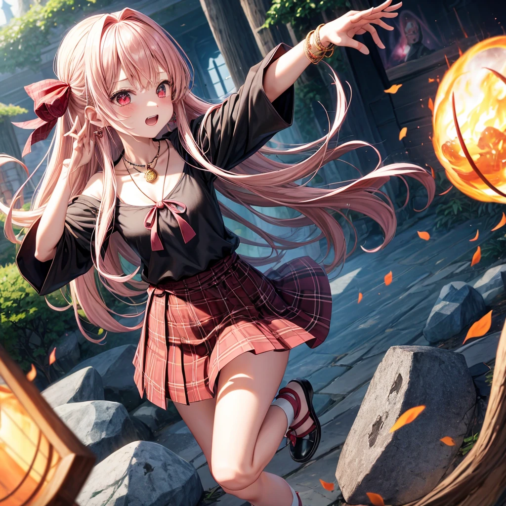 pink blonde、red eyes、one good looking girl、solo、anime、plaid mini skirt、black camisole、black t-shirt、dress、wearing a ribbon、ribbon at waist、cloak、hood、stone slabs are piled up、crystal earrings、monster castle、jewelry necklace、Light and shadow、walking、clock、universe、vine plant、petal、tilting one's face、teeth are visible、spiral stage、fire spirit、book of magic、Cube