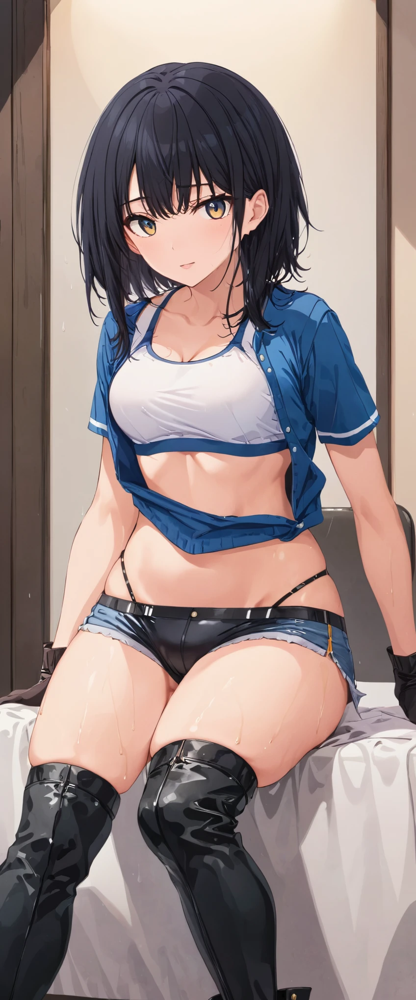High resolution, woman , good lighting, despicable, , (No nudity), (((jean shorts))), ((sports bra)), (((leather thigh high boots))), (garter belt), abdomen only, (wet shorts), , cute face, I'Iは恥ずかしくて赤面します, humiliating, ((sit)), ((black hair))