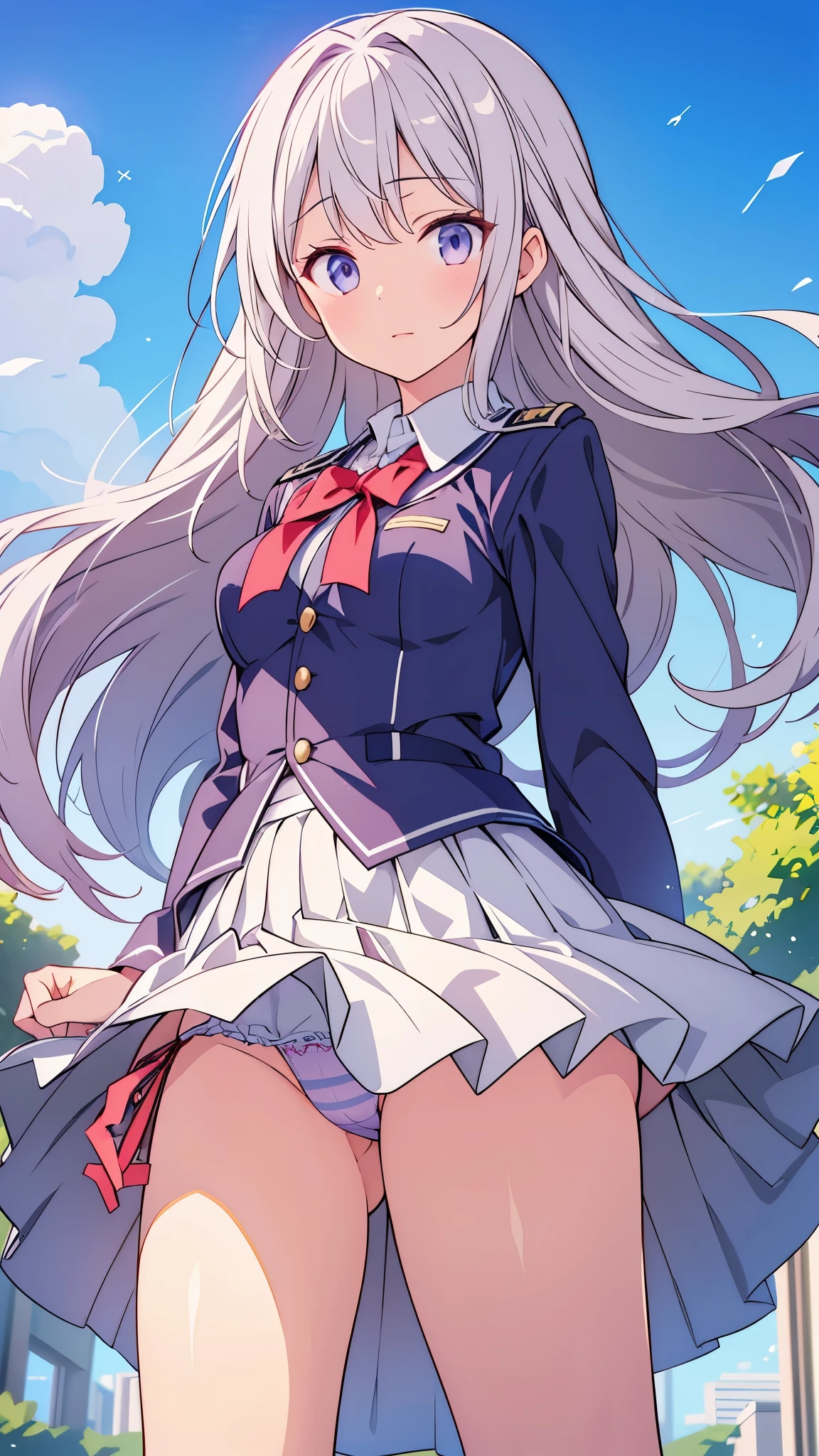 highest quality, 1 girl, Uniform Ilya, Ilya's uniform,outdoors,(((wind lift))),skirt lift, side tie_panties, windy upskirt,