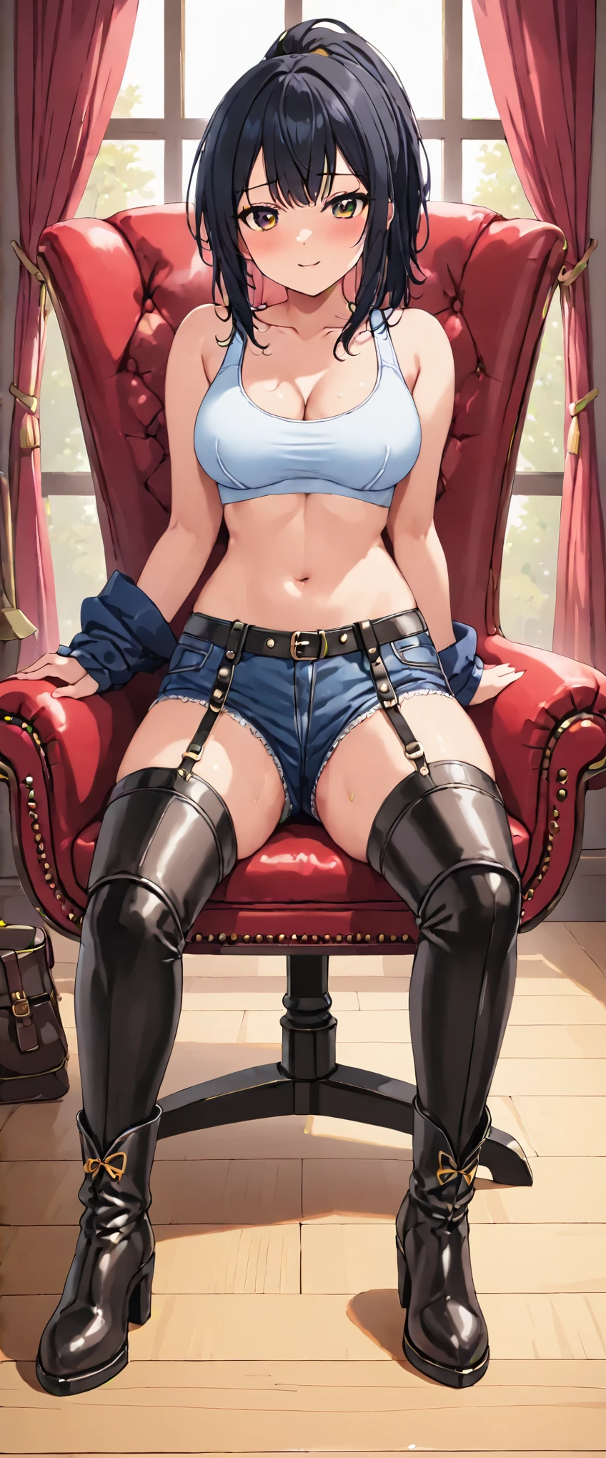 High resolution, woman , good lighting, despicable, , (No nudity), (((jean shorts))), ((sports bra)), (((leather thigh high boots))), (garter belt), abdomen only, (wet shorts),  ,  cute face, I&#39;Iは恥ずかしくて赤面します, humiliating, ((sit with legs wide apart)), ((black hair))