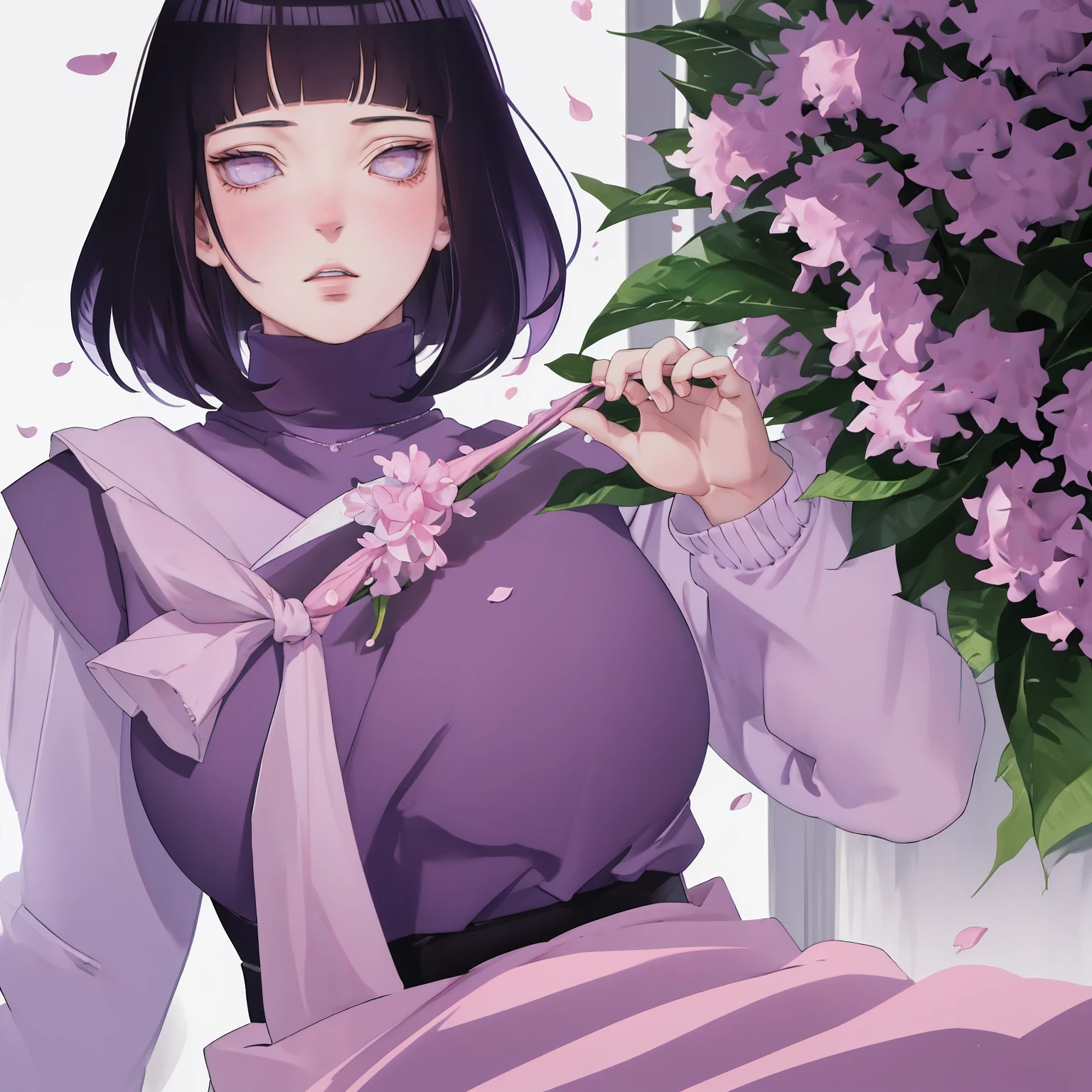 { - anatomy error} (Masterpiece - Ultra-detailed, very high resolution) (huge titusty, masterpiece, absurdres, hinata\(boruto\), 1girl, solo,mature female, lilac turtleneck blouse, pant, looking at viewelling petals), perfect composition, detailed lips, big breast, beautiful face, body propotion, blush, (pink lips), short hair, (black hair), purple eyes, soft gaze, super realistic, detailed, photoshoot, realistic face and body, closed mouth, walking on the floor , lilac eyes, upper body,  ridden hands, perfect fingers
