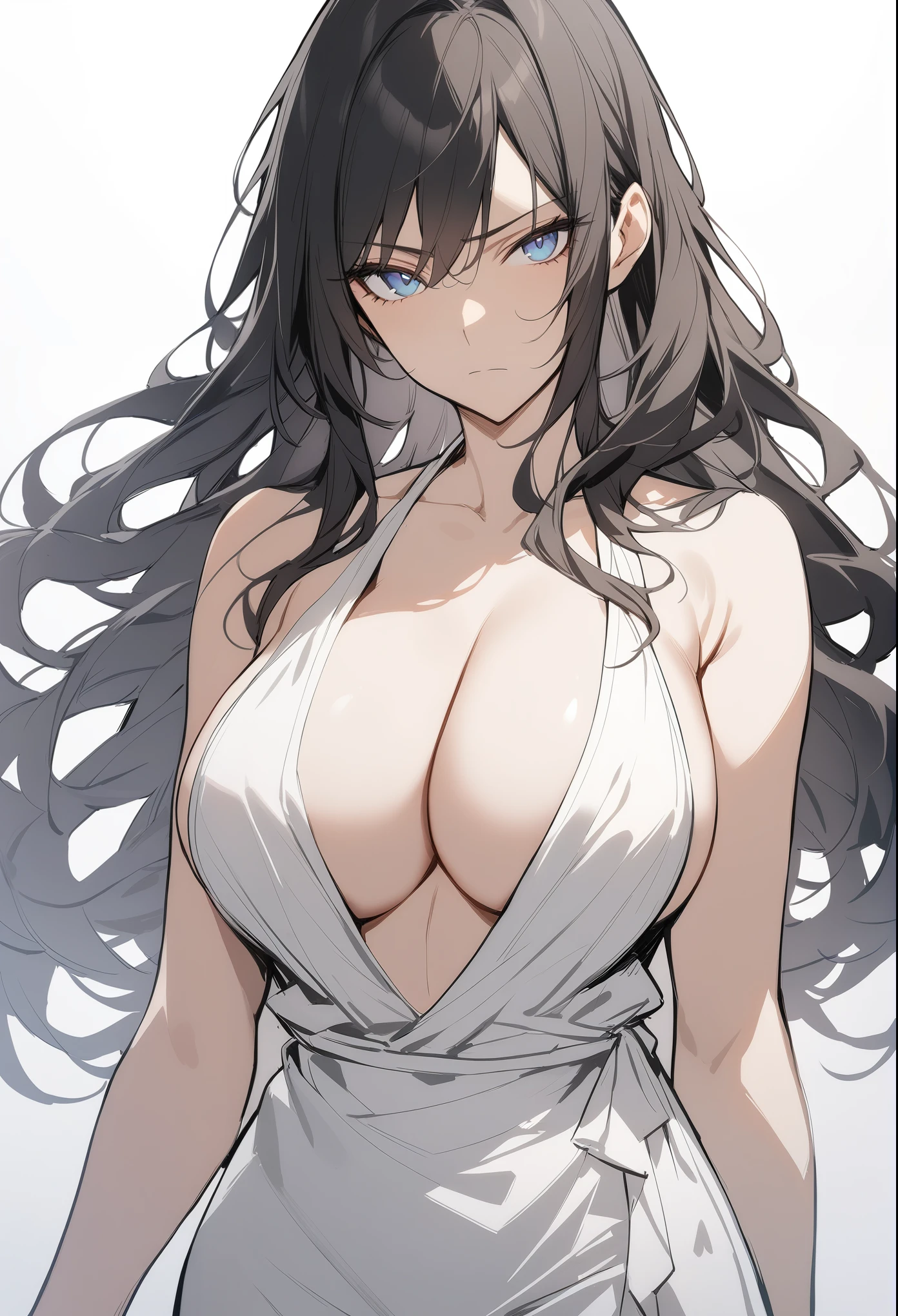 1girl, upper body, looking at viewer, mature female, long hair, black hair, tsurime, blue eyes, large breasts, cleavage, dress, plunging neckline, bare shoulders, expressionless, serious, simple background, masterpiece, best quality