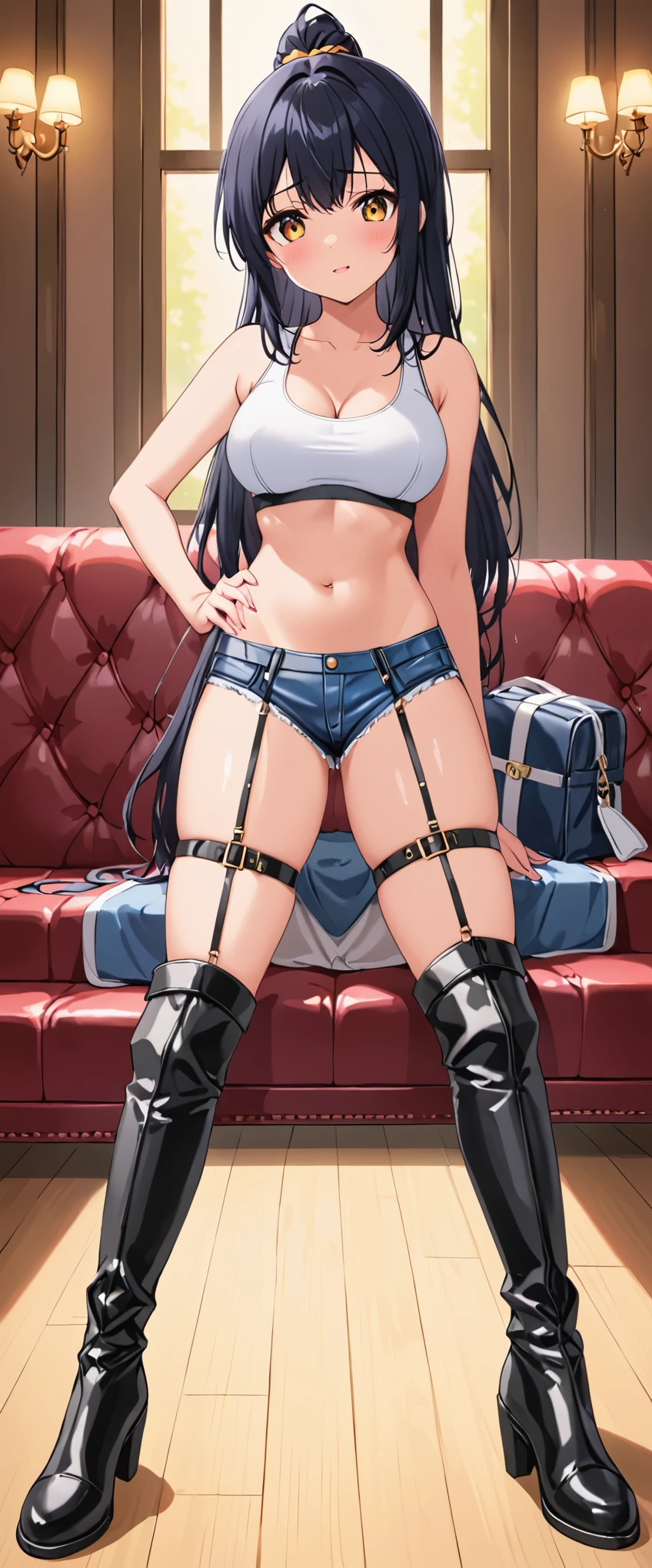 High resolution, woman , good lighting, despicable, , (No nudity), (((jean shorts))), ((sports bra)), (((leather thigh high boots))), (garter belt), abdomen only, (wet shorts),  ,  cute face, I&#39;Iは恥ずかしくて赤面します, humiliating, ((sit with legs wide apart)), ((black hair))