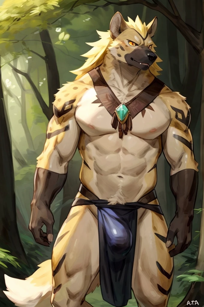 ((By Buta99, by Bebebebebe, best quality, masterpiece, perfect anatomy)), solo, 1male, Muscular body, serious, adult, Hyena, light yellow furs, light yellow long hair, a fang outside the mouth, middle yellow hair band in front of the face, tail, orange eyes, slit pupils, biceps tribal tattoo, bulge, loincloth, in the forest