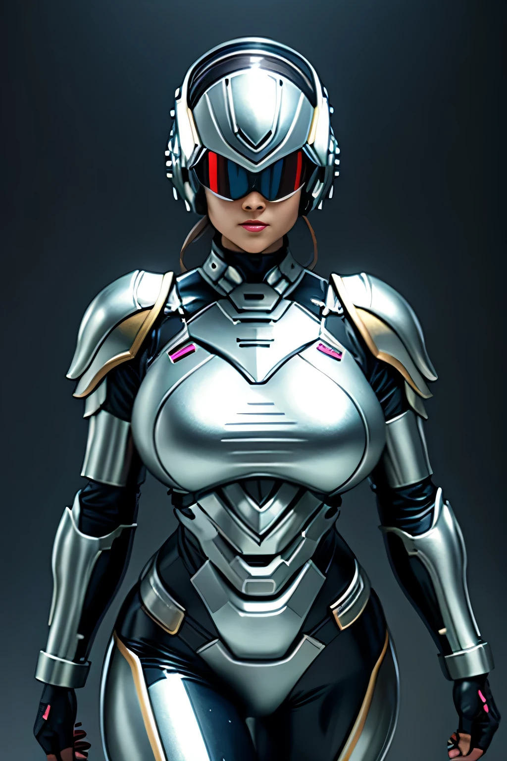 female robocop solo、Armor that completely covers the whole body、very large armor、helmet with straight, narrow goggles to hide your eyes、Metallic Rainbow Armor、Armor that completely covers the chest、thin and long legs、Vibrant Posel Body View,luscious lips,(big and full breasts:1.3), (sports body:1.5)、five fingers